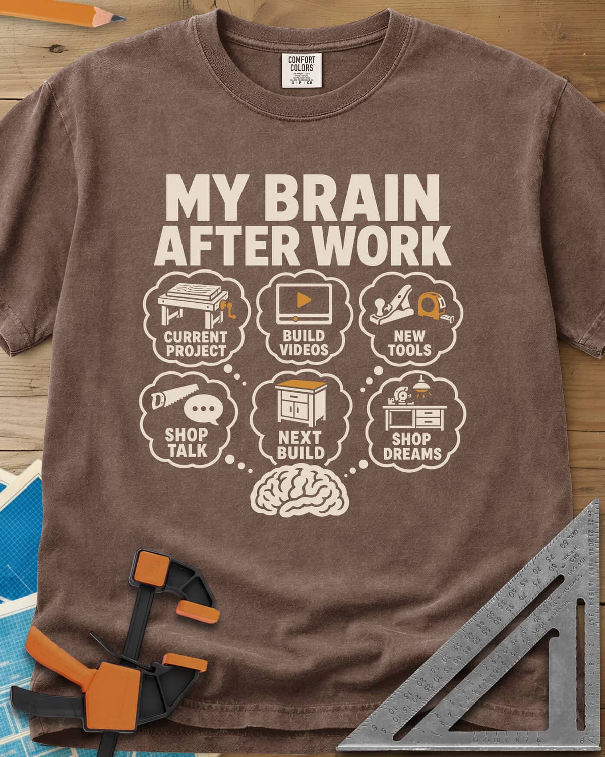 My Brain After Work heavyweight tee in Espresso, a brain with six thought bubbles of shop projects, tools and videos