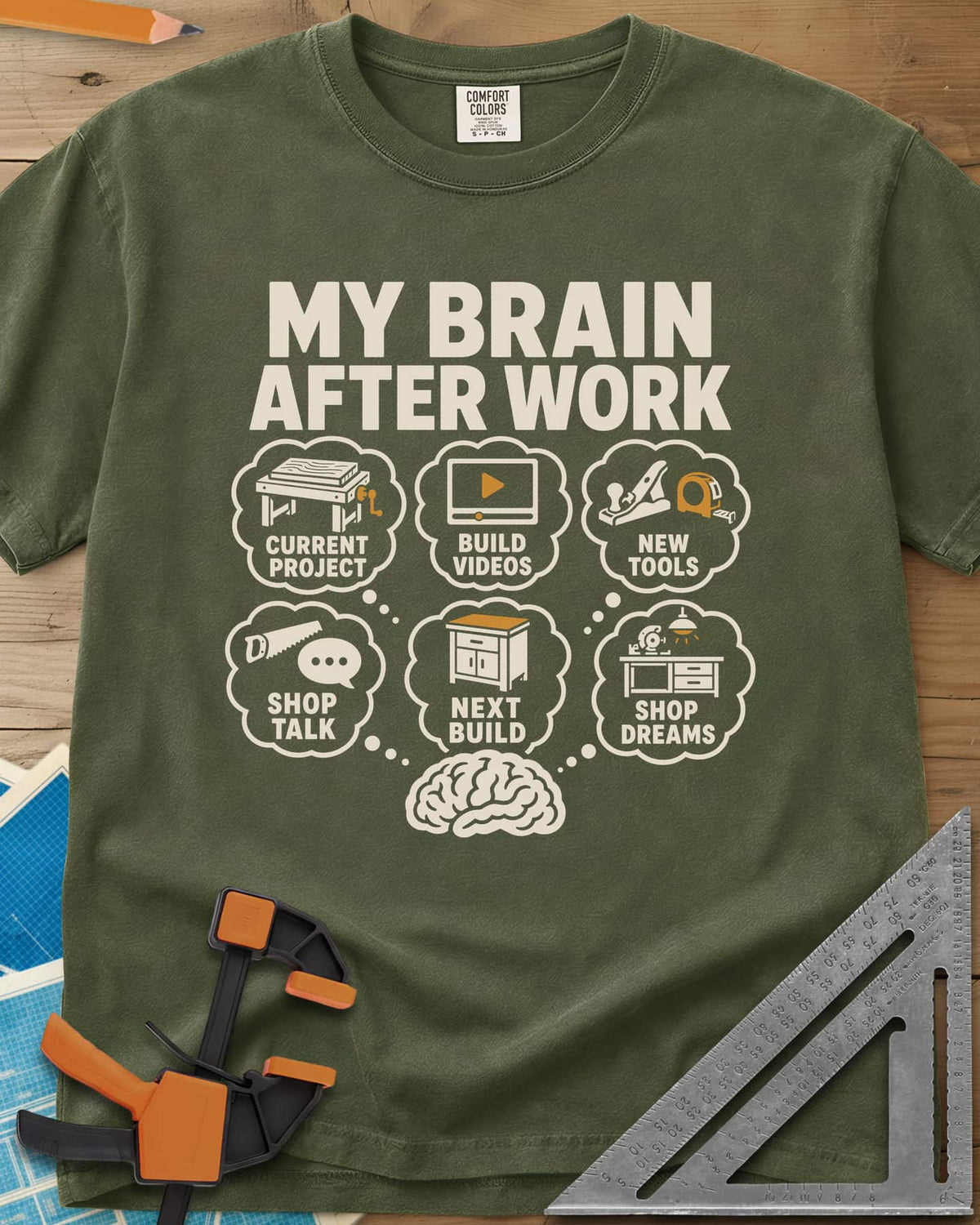 My Brain After Work heavyweight tee in Hemp, a brain with six thought bubbles of shop projects, tools and videos