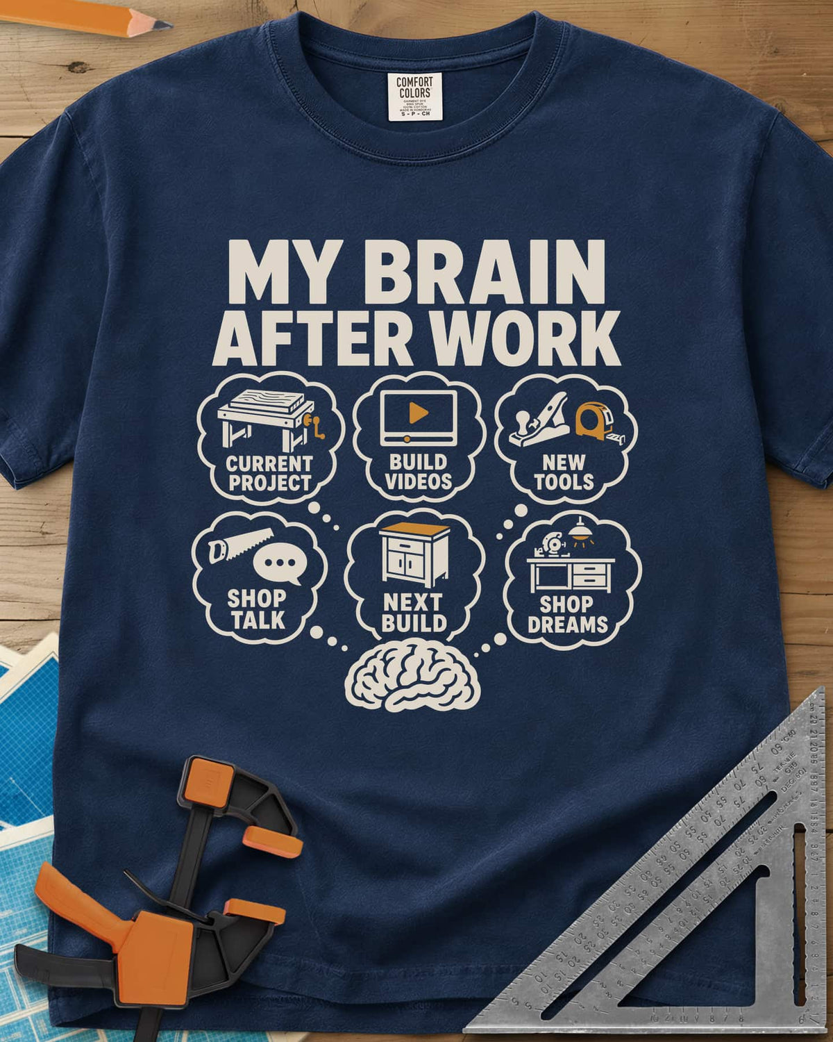 My Brain After Work heavyweight tee in Navy, a brain with six thought bubbles of shop projects, tools and videos