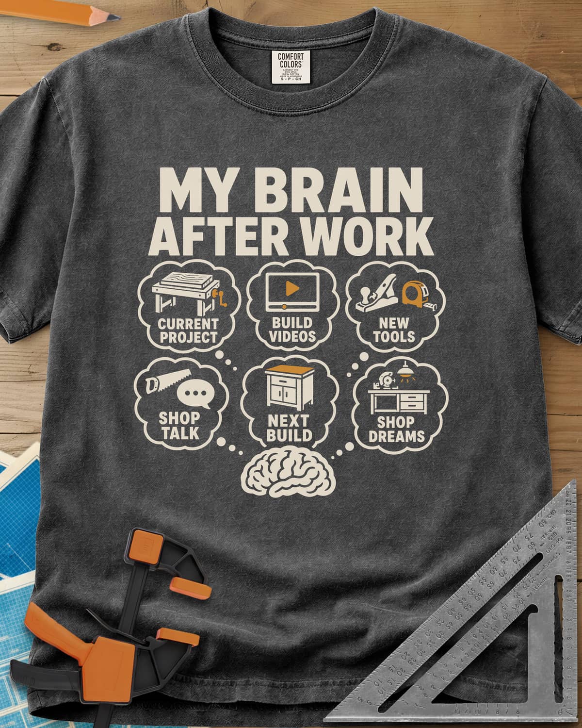 My Brain After Work heavyweight tee in Pepper, a brain with six thought bubbles of shop projects, tools and videos
