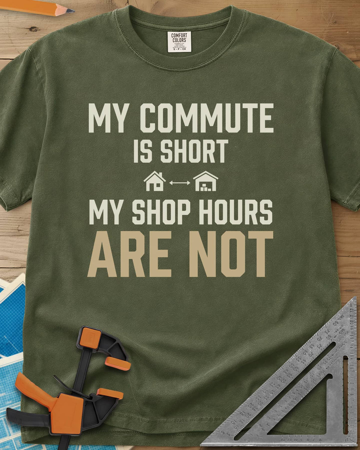My Commute Is Short heavyweight tee in Hemp, bold lettering with a house and garage joined by a double arrow