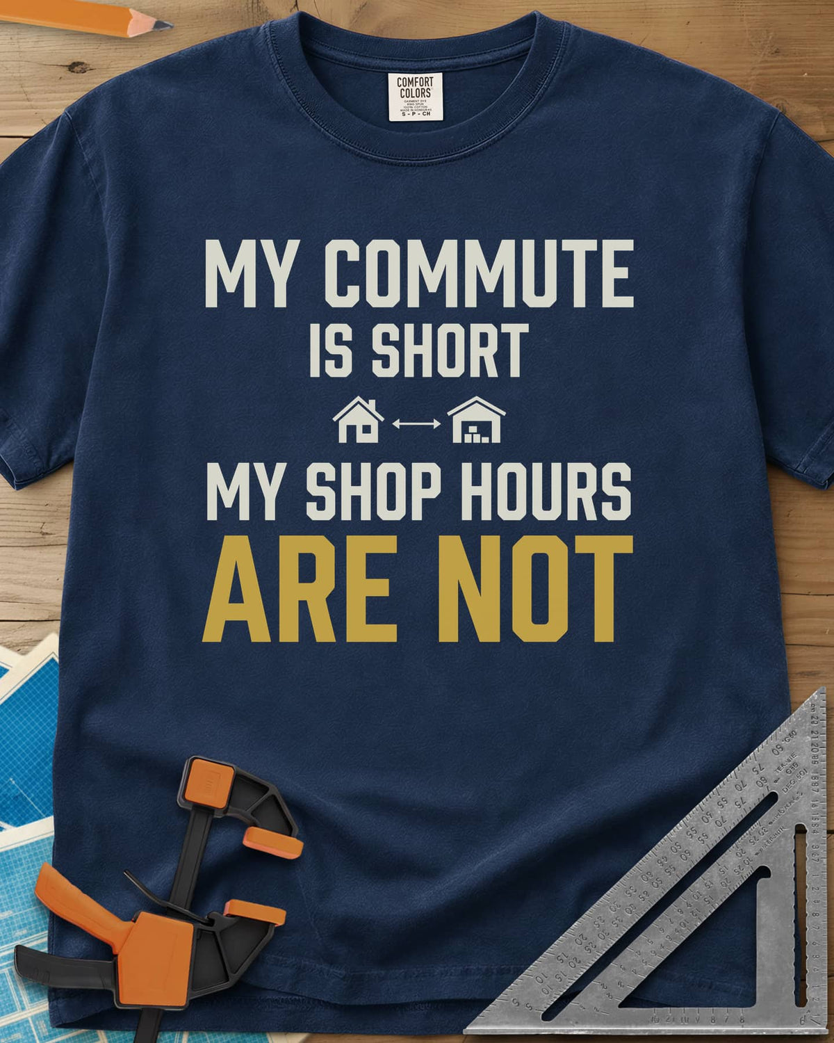 My Commute Is Short heavyweight tee in Navy, bold lettering with a house and garage joined by a double arrow