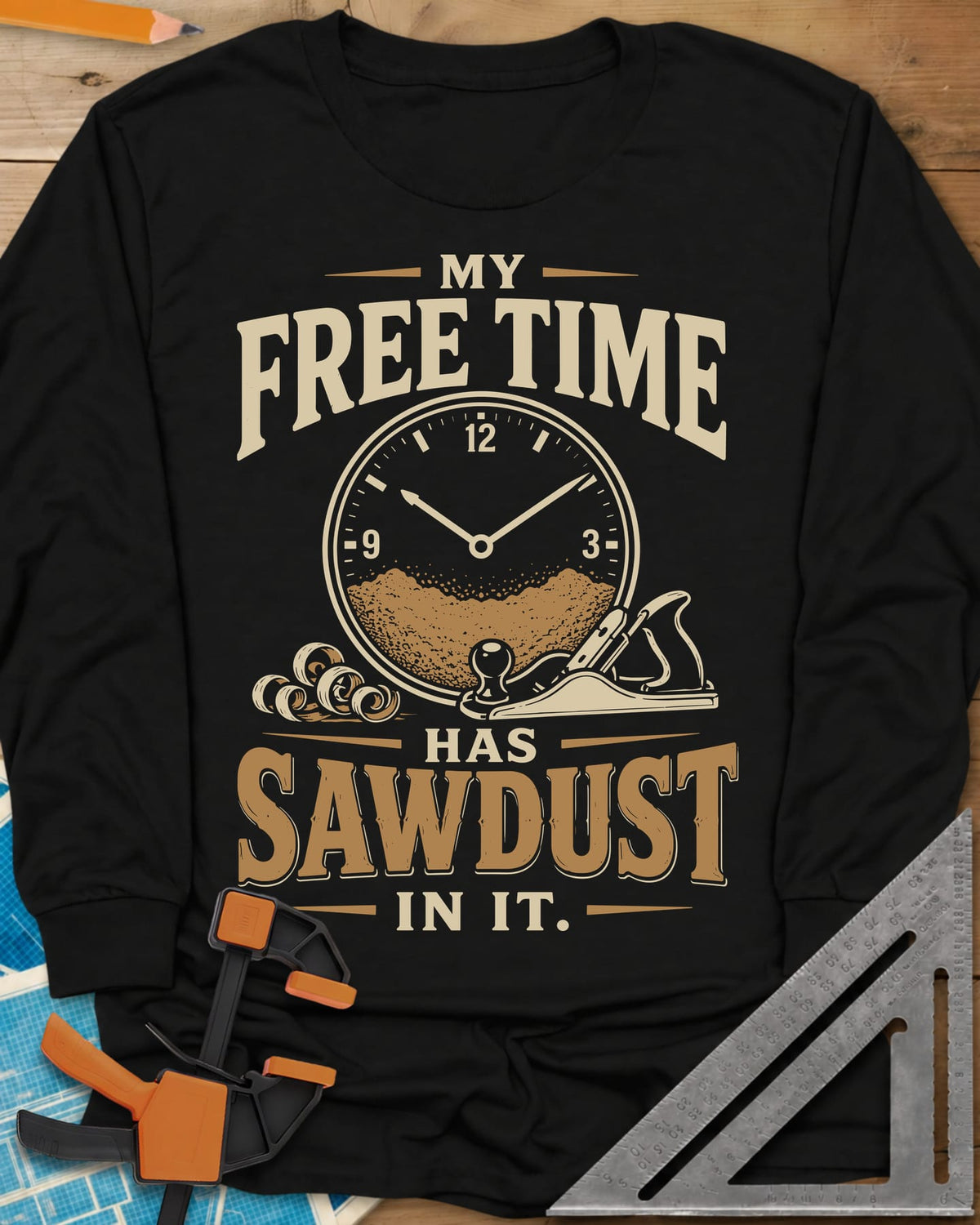 My Free Time Has Sawdust In It long sleeve shirt in Black, a clock face half full of sawdust beside a hand plane and shavings
