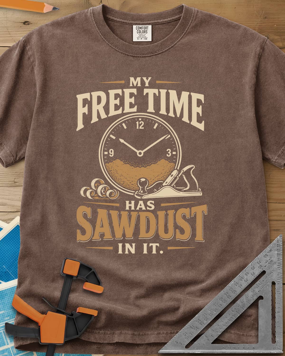 My Free Time Has Sawdust In It heavyweight tee in Espresso, a clock face half full of sawdust beside a hand plane and