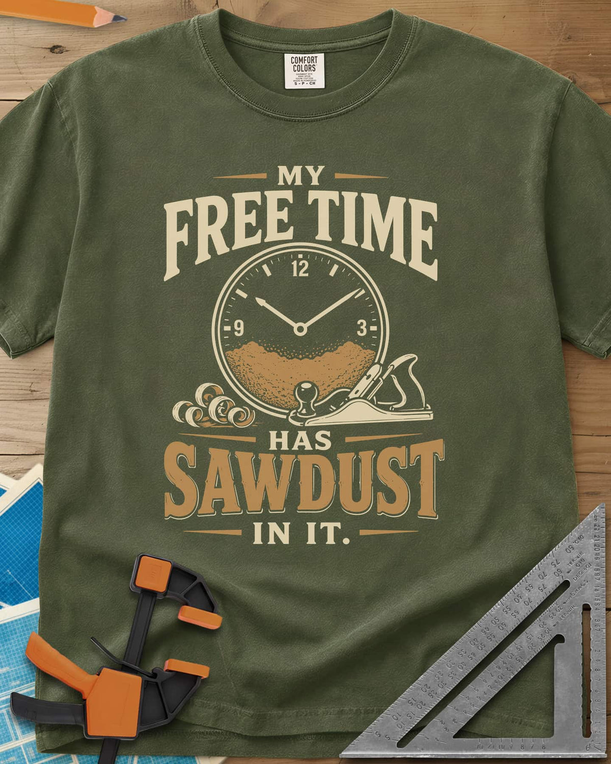 My Free Time Has Sawdust In It heavyweight tee in Hemp, a clock face half full of sawdust beside a hand plane and shavings