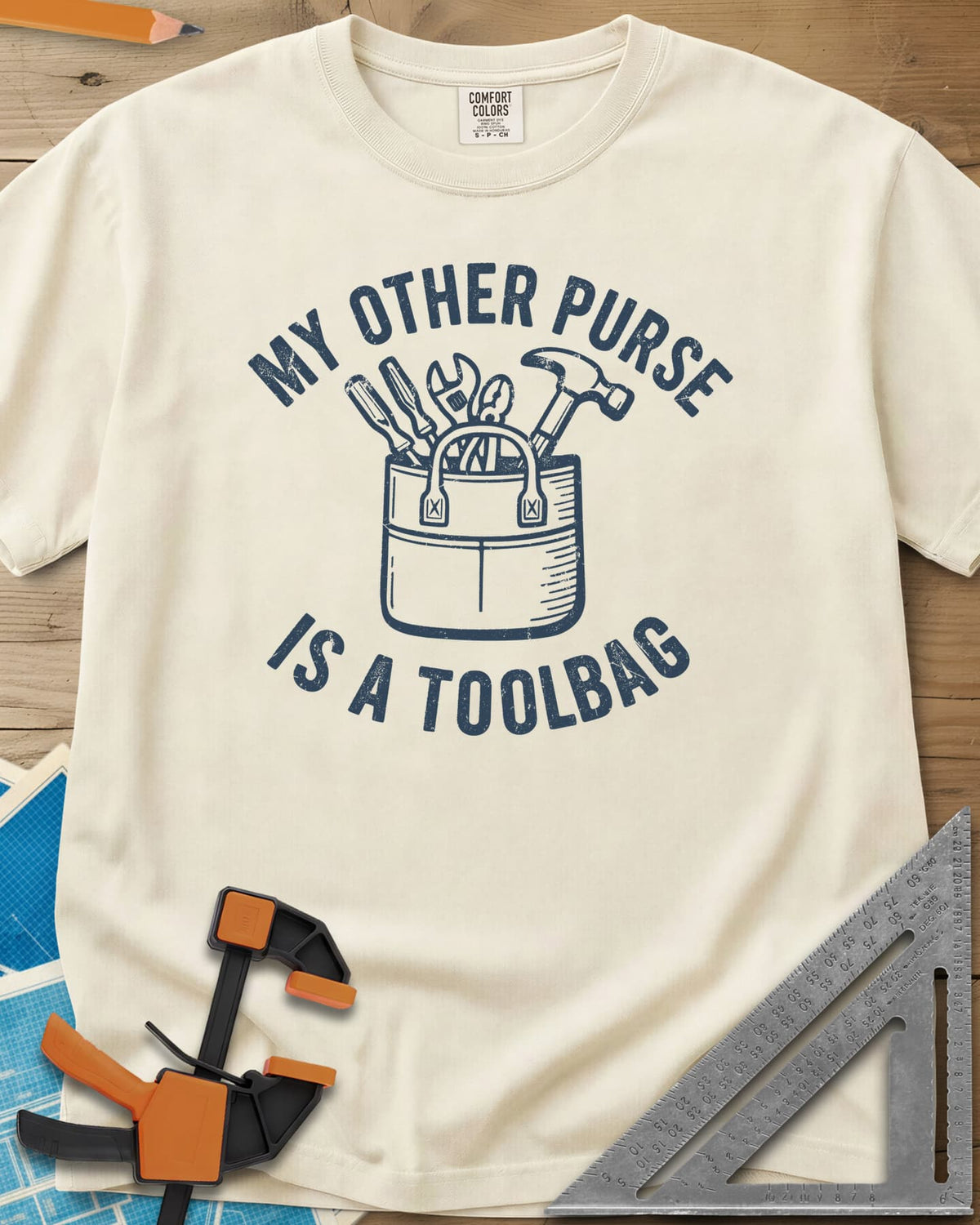 My Other Purse heavyweight tee in Ivory, a tool bag with a hammer, wrench, pliers and screwdrivers