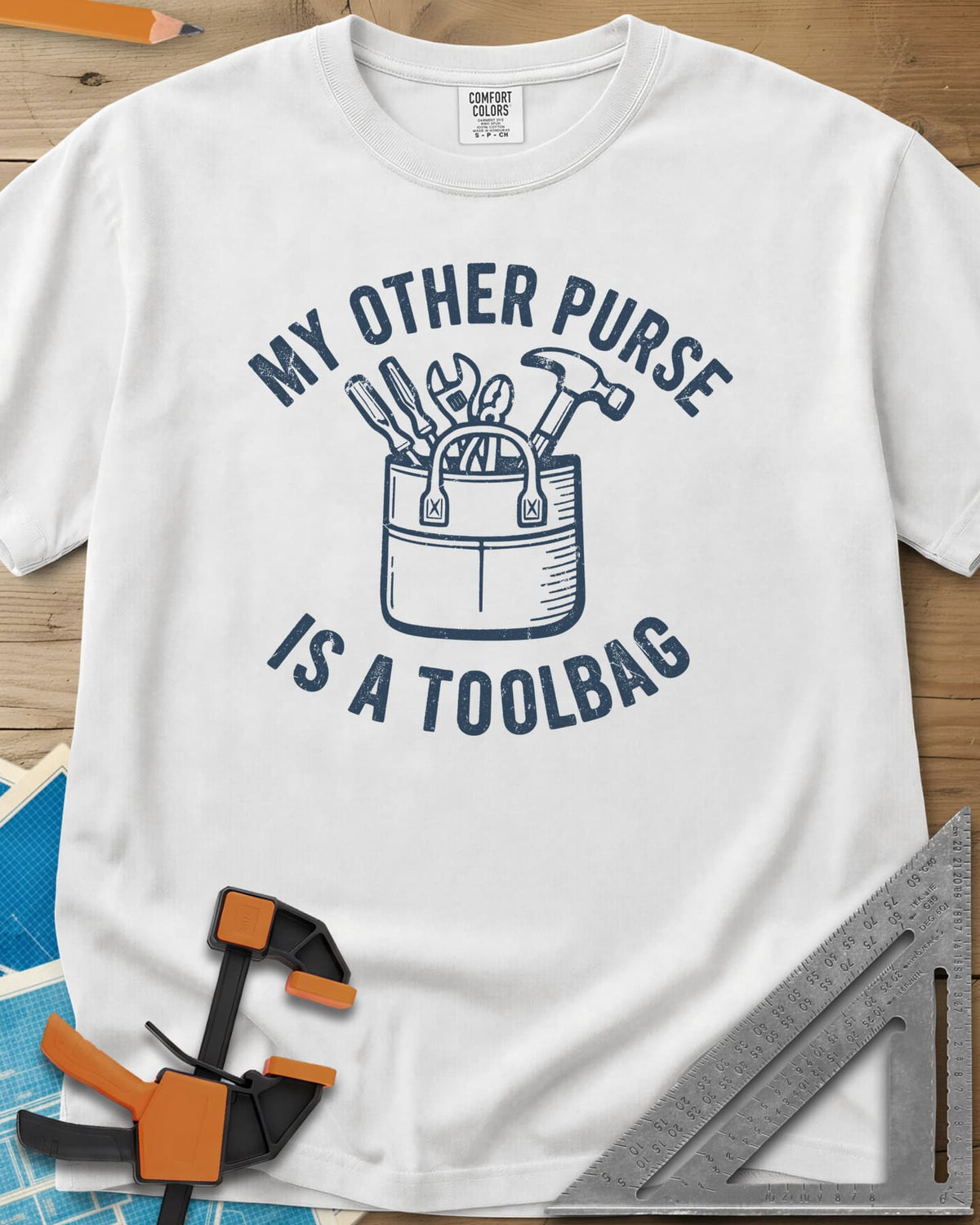 My Other Purse heavyweight tee in White, a tool bag with a hammer, wrench, pliers and screwdrivers