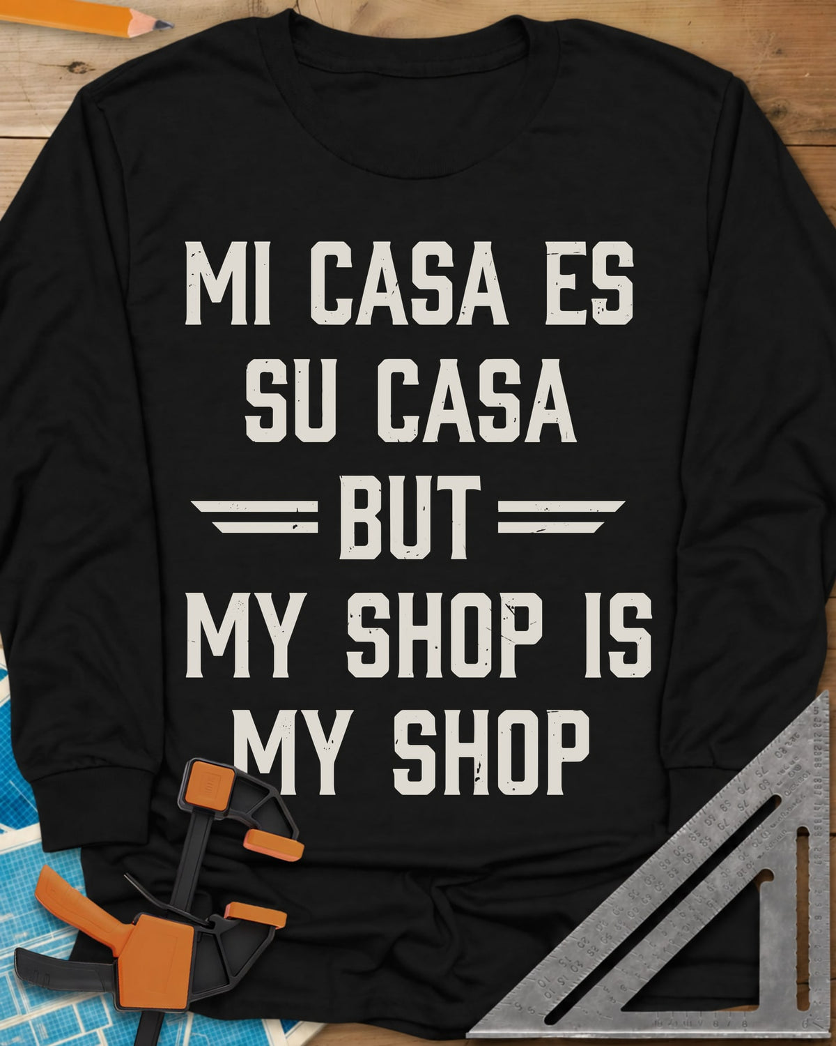 My Shop My Shop long sleeve shirt in Black, stacked worn capitals with BUT set between striped bars