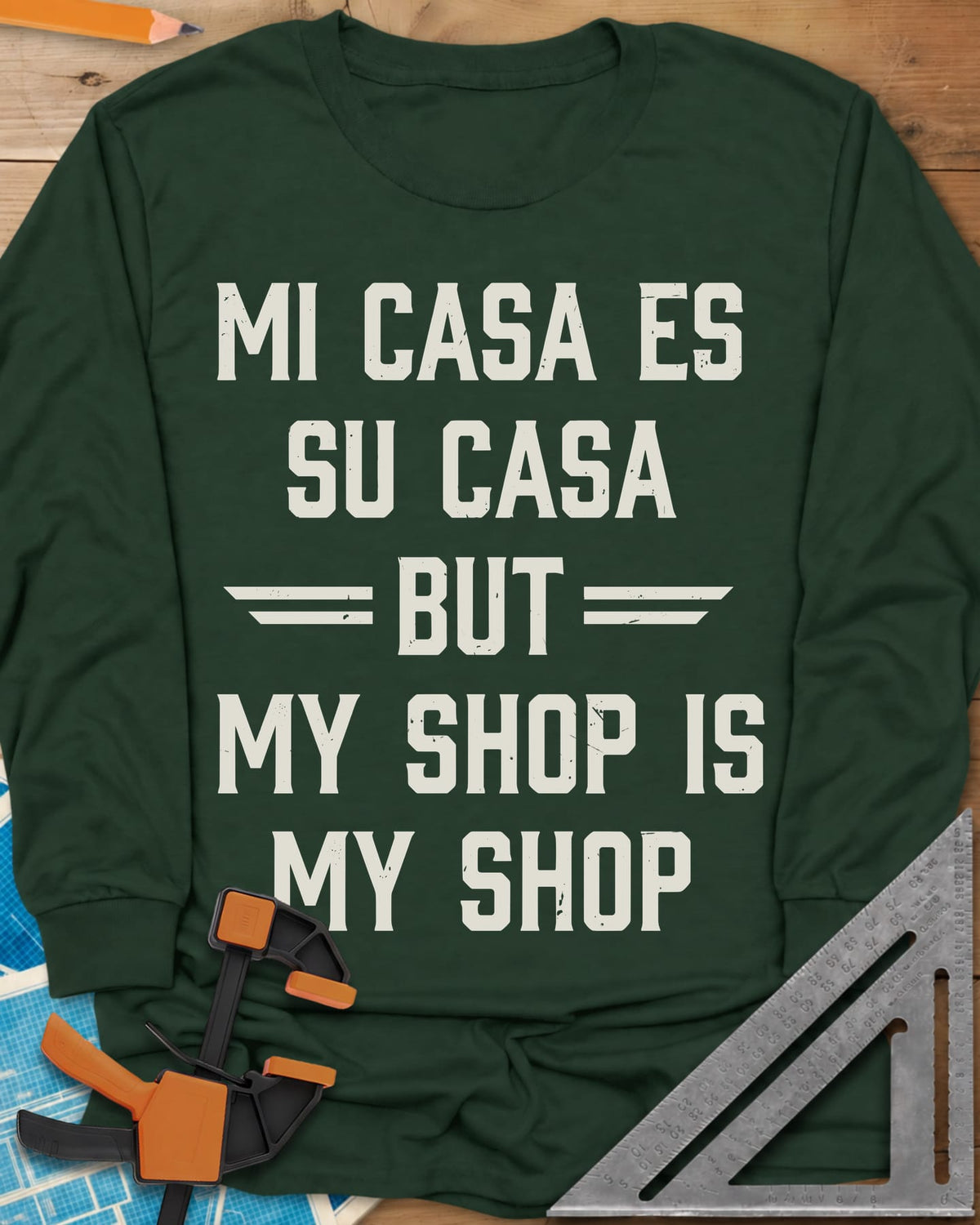 My Shop My Shop long sleeve shirt in Forest Green, stacked worn capitals with BUT set between striped bars