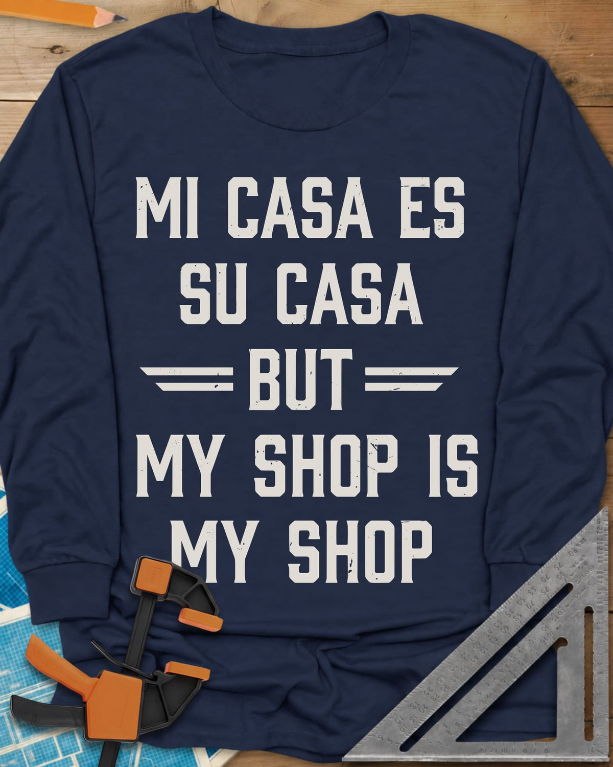 My Shop My Shop long sleeve shirt in Navy, stacked worn capitals with BUT set between striped bars