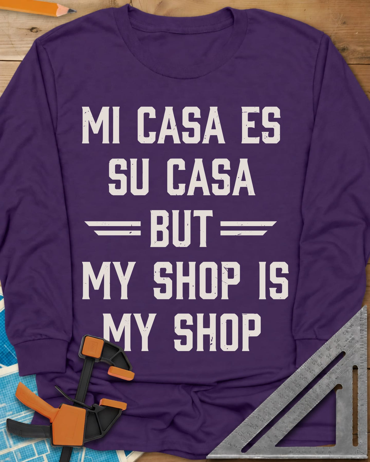 My Shop My Shop long sleeve shirt in Purple, stacked worn capitals with BUT set between striped bars