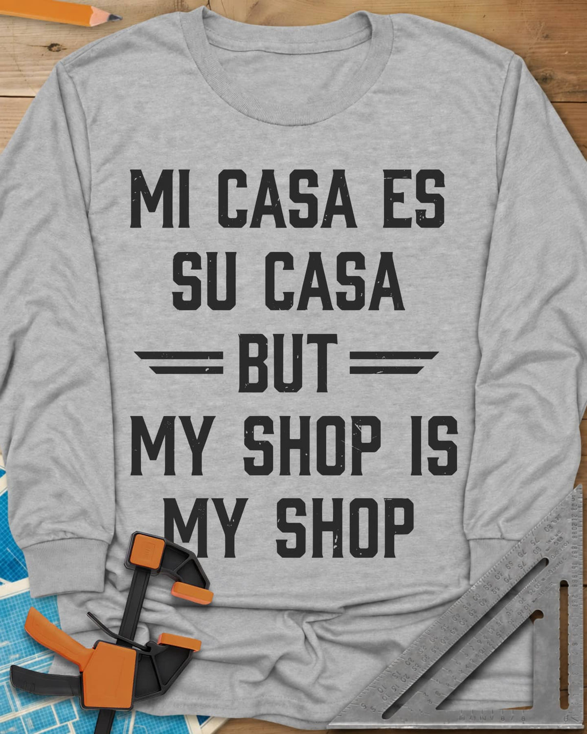 My Shop My Shop long sleeve shirt in Sport Grey, stacked worn capitals with BUT set between striped bars