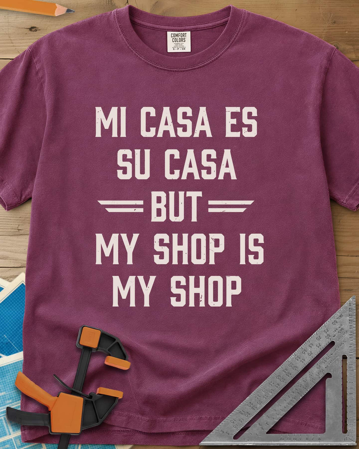 My Shop My Shop heavyweight tee in Berry, stacked worn capitals with BUT set between striped bars