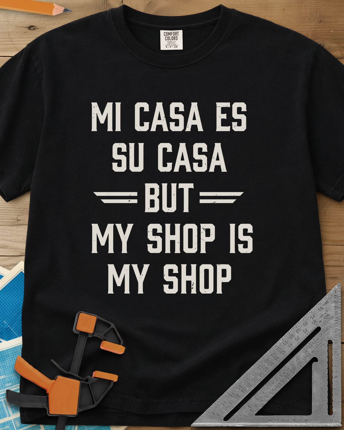 My Shop My Shop heavyweight tee in Black, stacked worn capitals with BUT set between striped bars