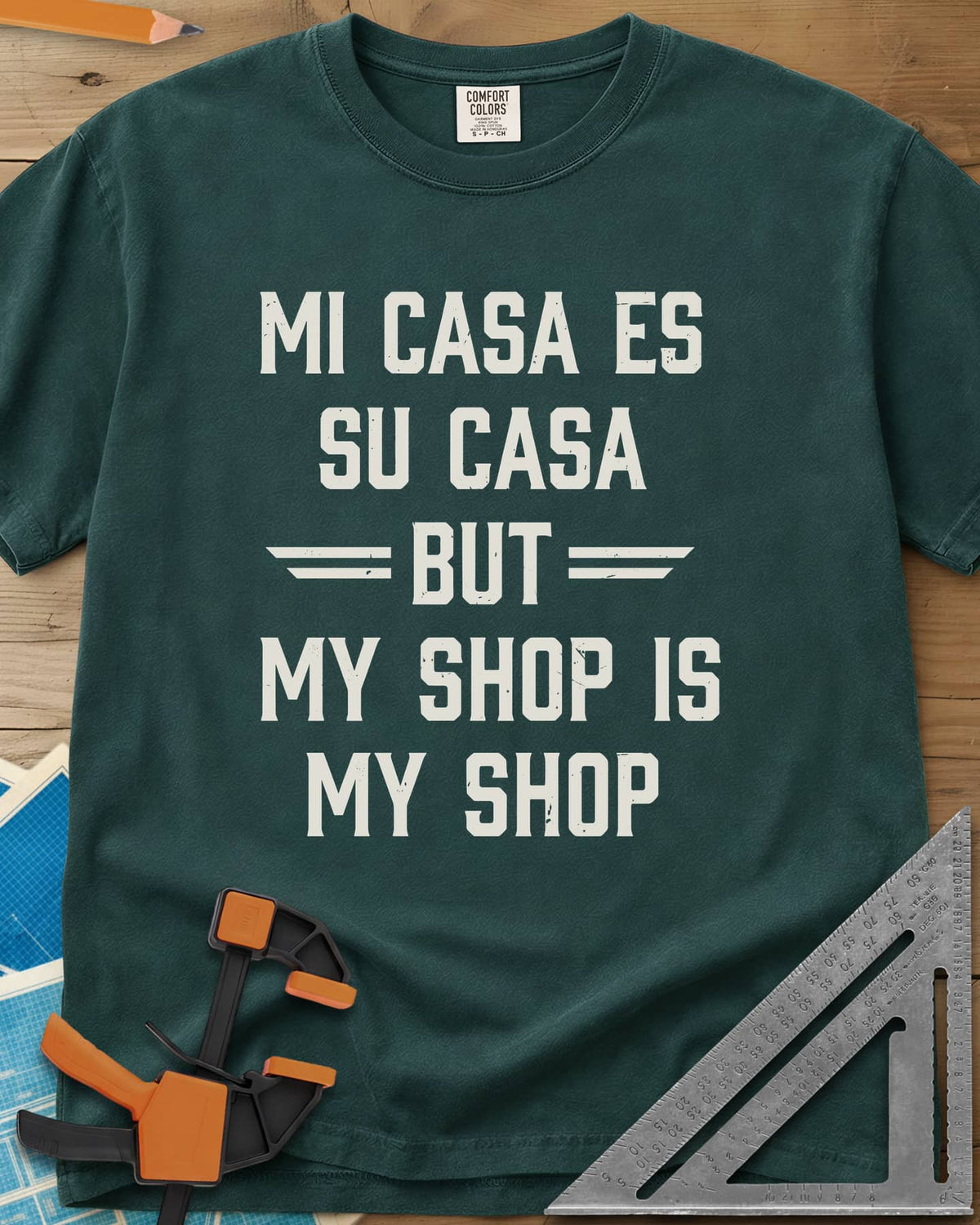 My Shop My Shop heavyweight tee in Blue Spruce, stacked worn capitals with BUT set between striped bars