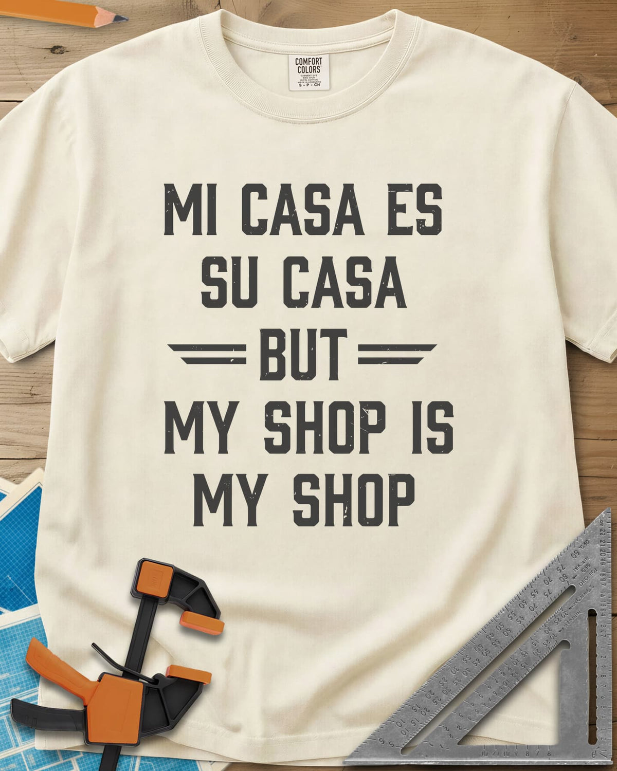 My Shop My Shop heavyweight tee in Ivory, stacked worn capitals with BUT set between striped bars