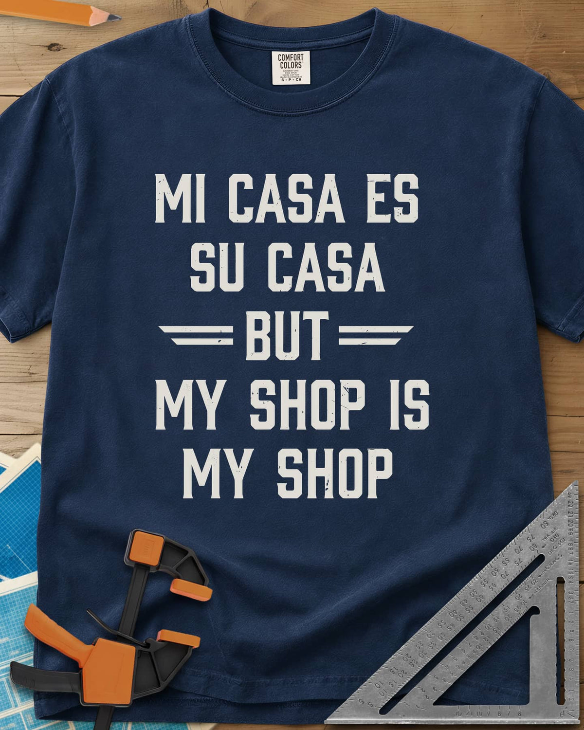 My Shop My Shop heavyweight tee in Navy, stacked worn capitals with BUT set between striped bars