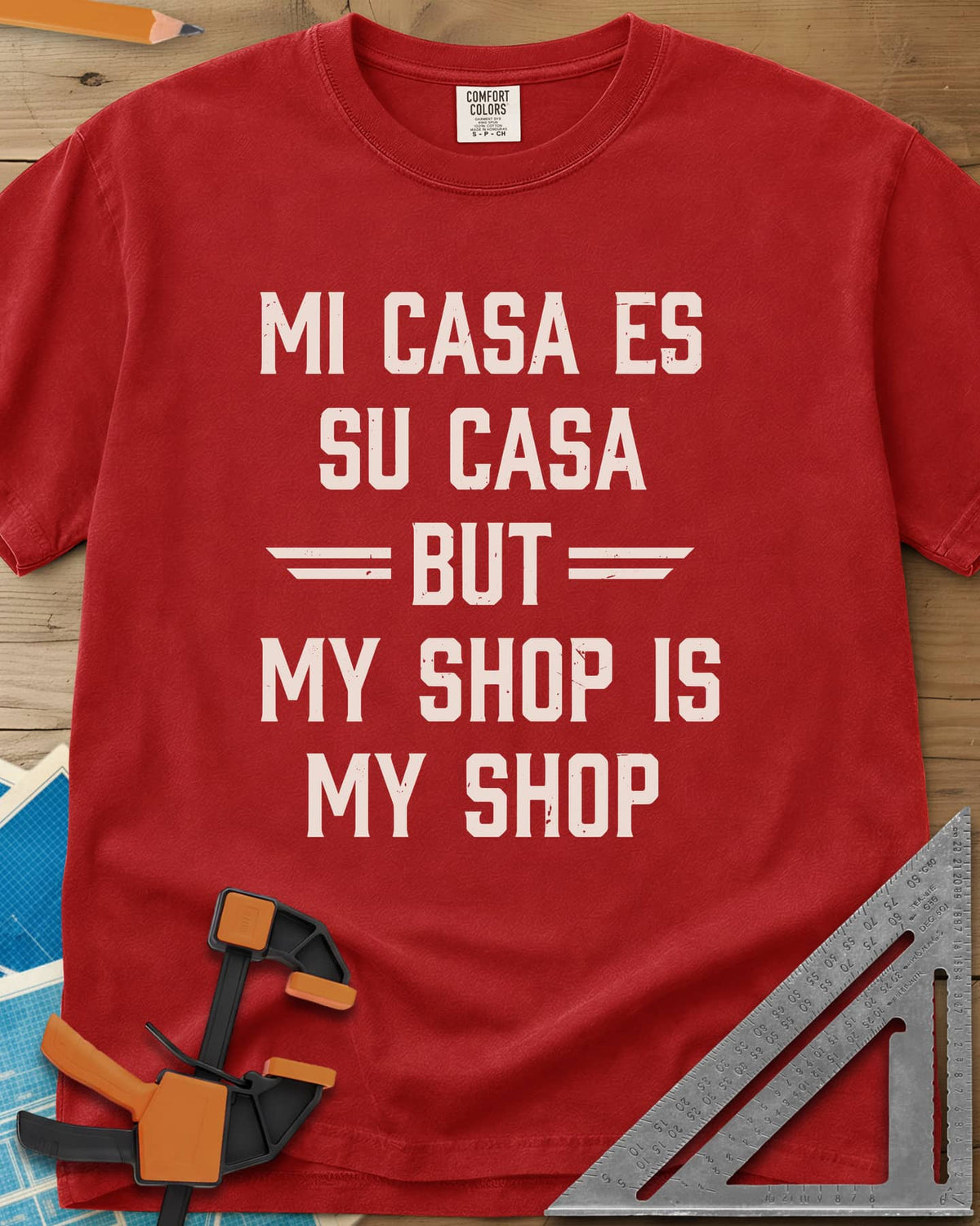 My Shop My Shop heavyweight tee in Red, stacked worn capitals with BUT set between striped bars