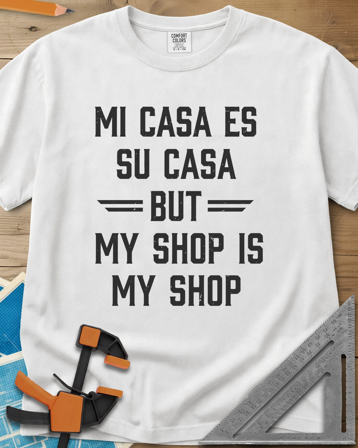 My Shop My Shop heavyweight tee in White, stacked worn capitals with BUT set between striped bars