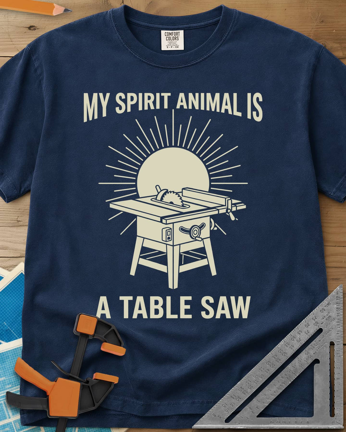 My Spirit Animal Is A Table Saw heavyweight tee in Navy, a table saw drawn in front of a sunburst