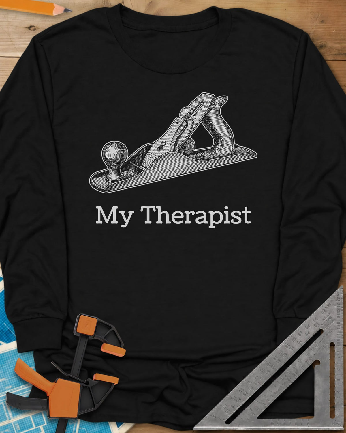 My Therapist long sleeve shirt in Black, finely engraved bench hand plane above serif lettering
