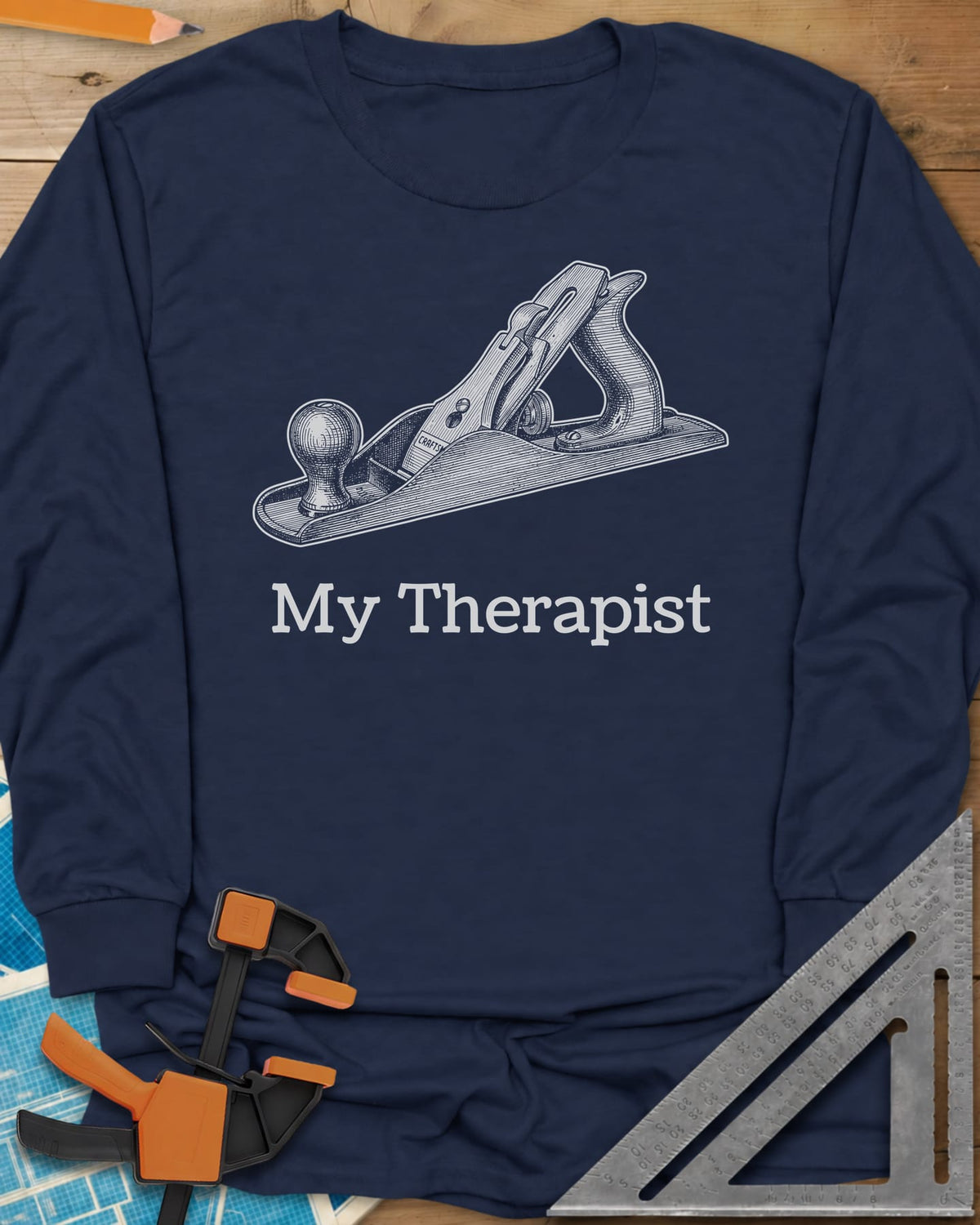 My Therapist long sleeve shirt in Navy, finely engraved bench hand plane above serif lettering