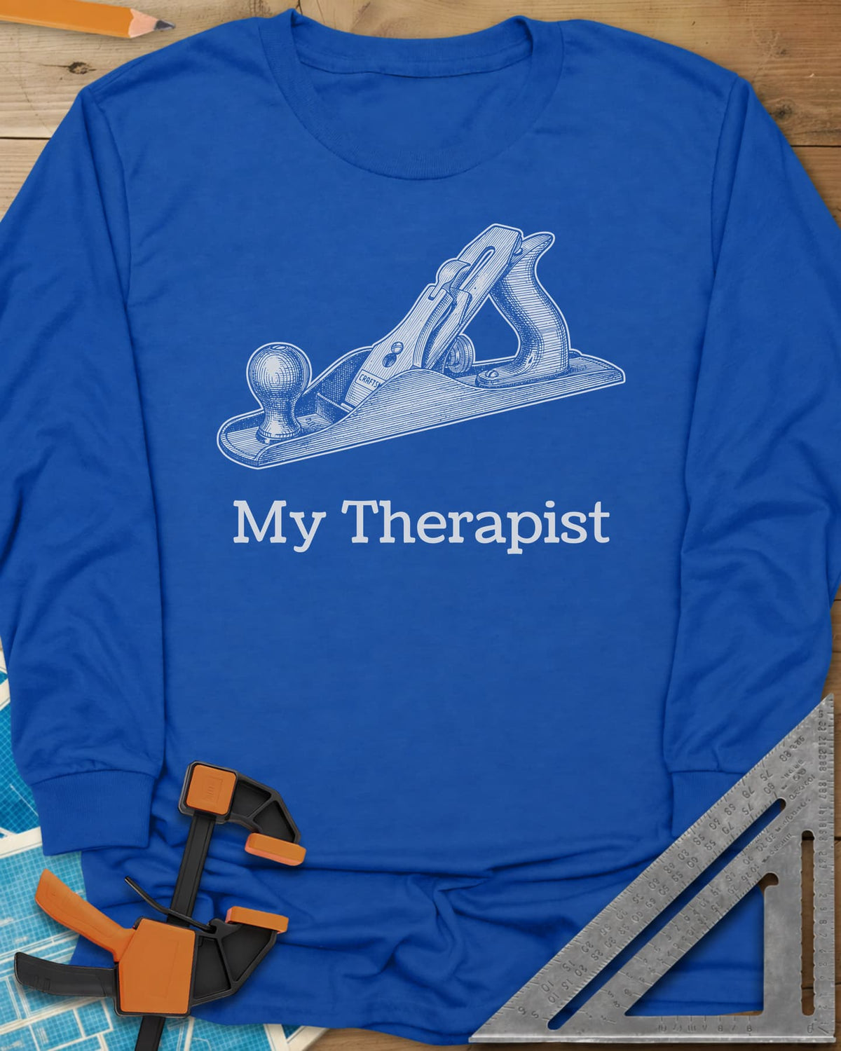 My Therapist long sleeve shirt in Royal, finely engraved bench hand plane above serif lettering