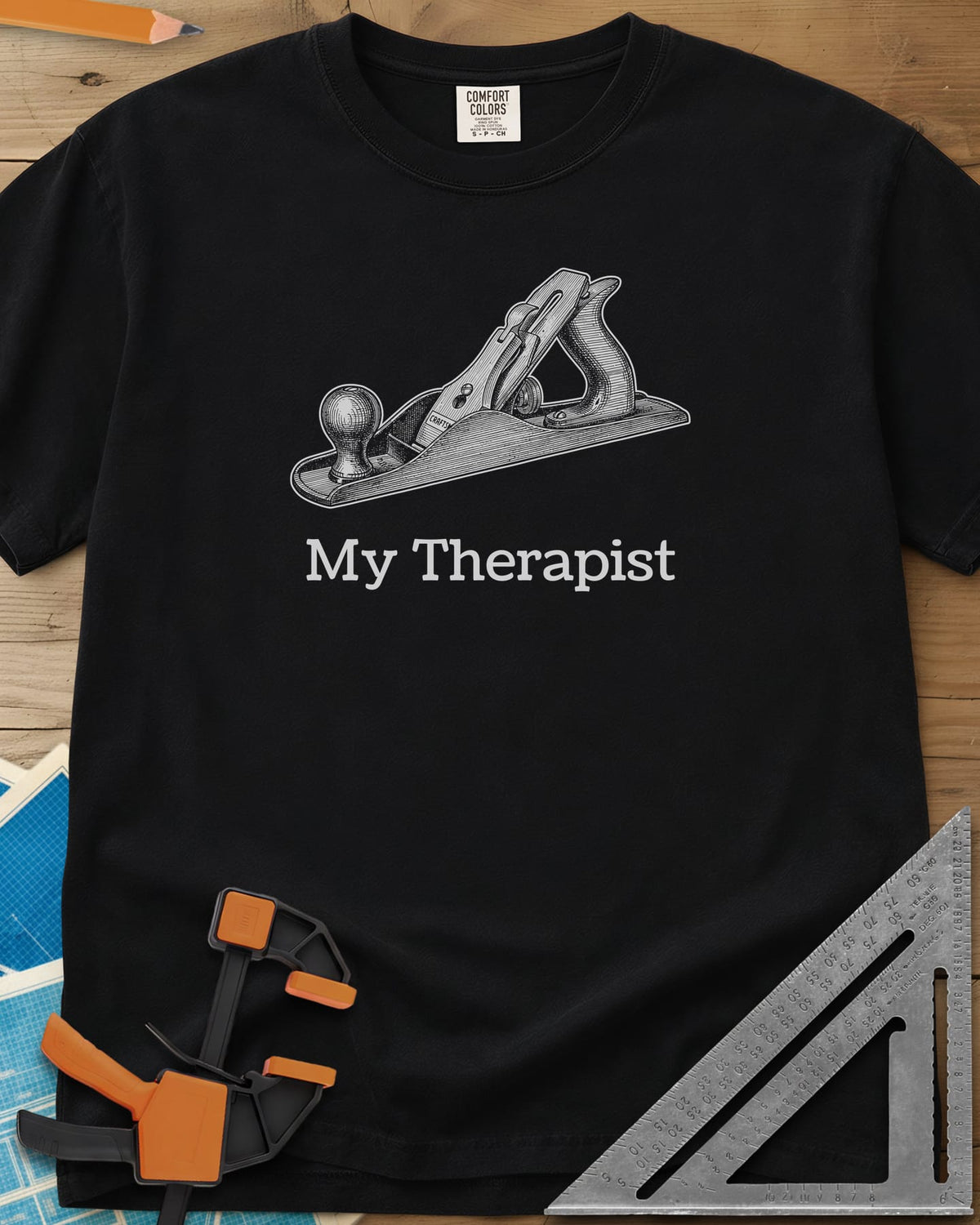 My Therapist heavyweight tee in Black, finely engraved bench hand plane above serif lettering