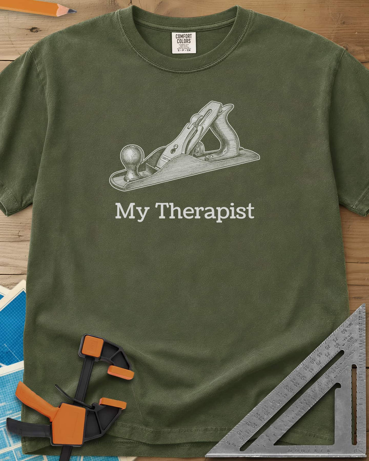 My Therapist heavyweight tee in Hemp, finely engraved bench hand plane above serif lettering