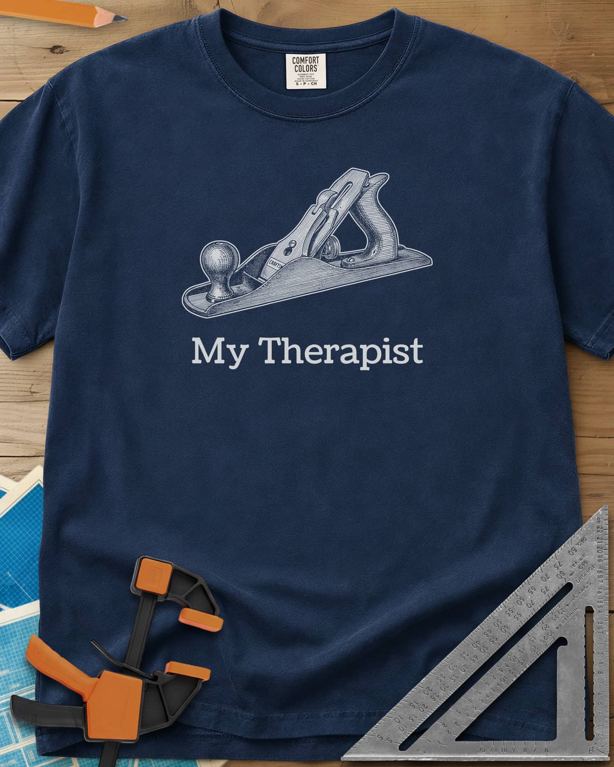 My Therapist heavyweight tee in Navy, finely engraved bench hand plane above serif lettering
