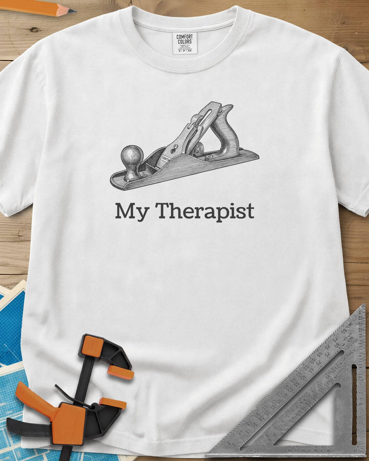 My Therapist heavyweight tee in White, finely engraved bench hand plane above serif lettering
