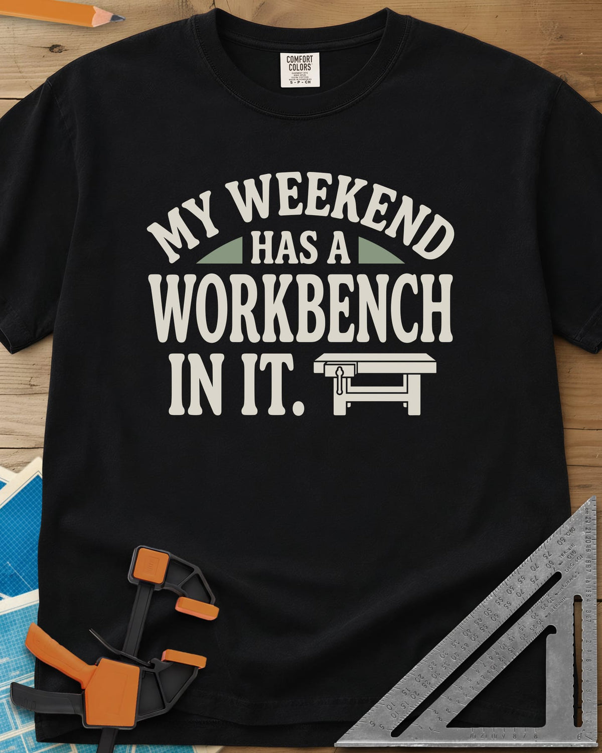 My Weekend Has A Workbench heavyweight tee in Black, arched lettering with a small icon of a workbench with a vise