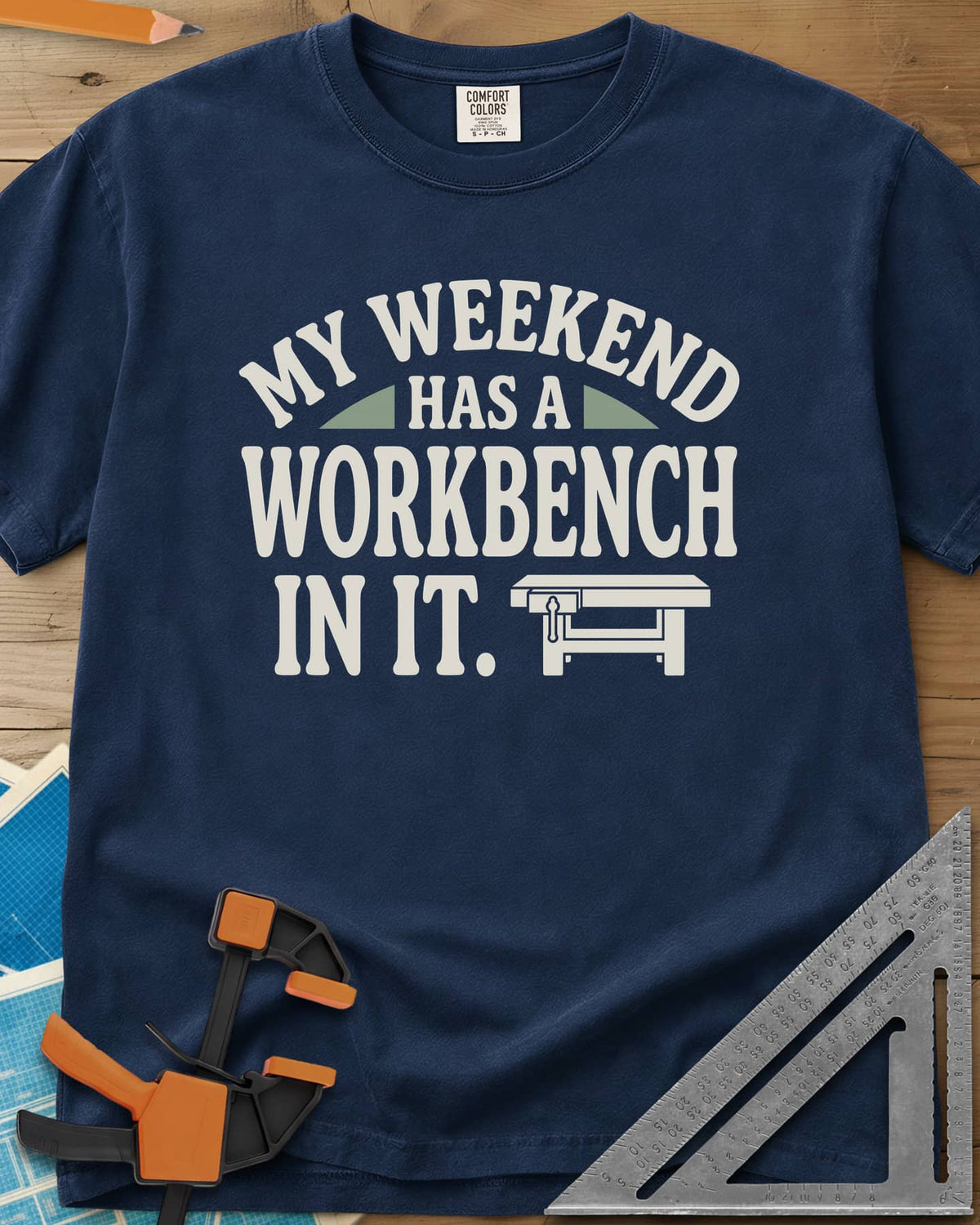 My Weekend Has A Workbench heavyweight tee in Navy, arched lettering with a small icon of a workbench with a vise