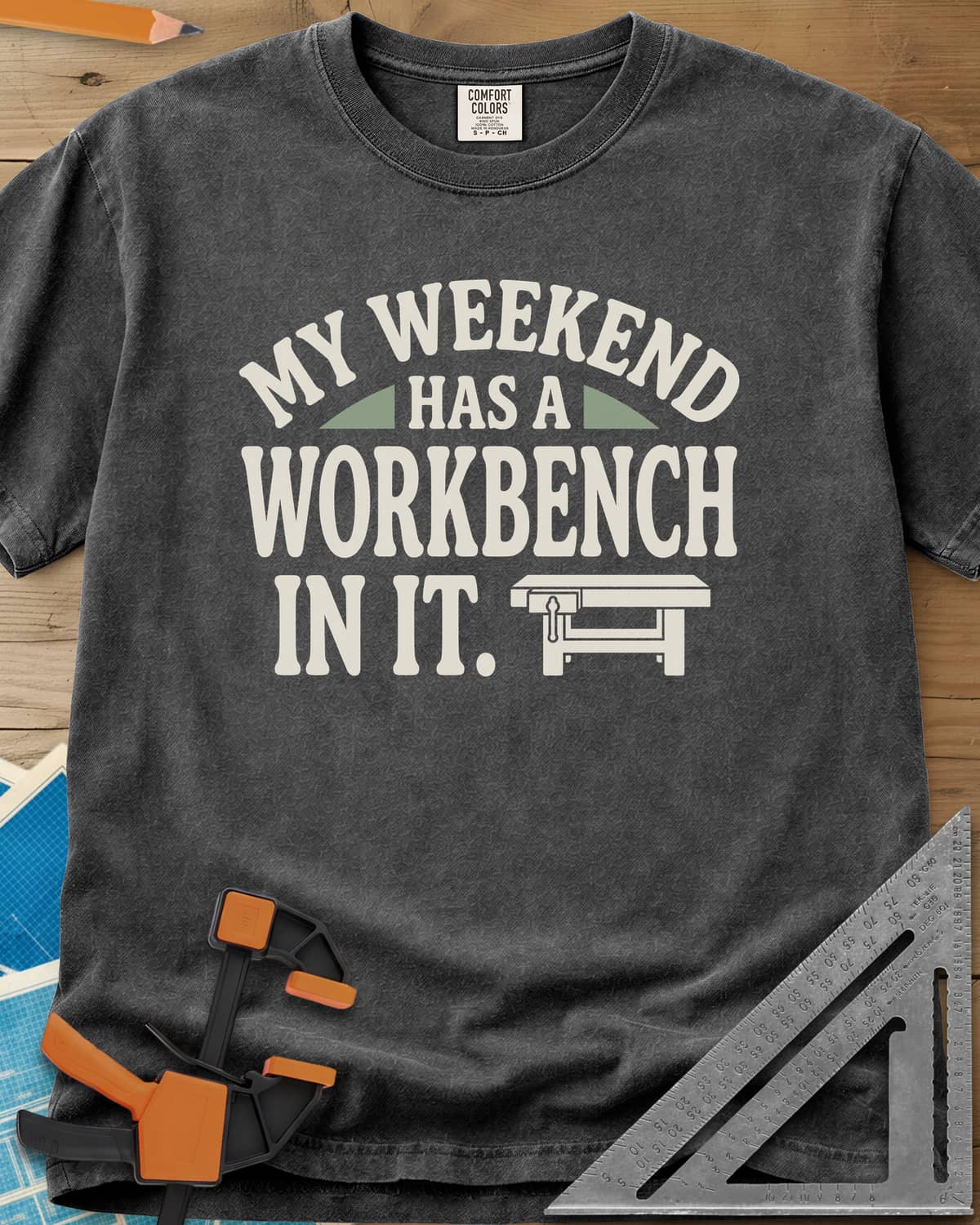 My Weekend Has A Workbench heavyweight tee in Pepper, arched lettering with a small icon of a workbench with a vise