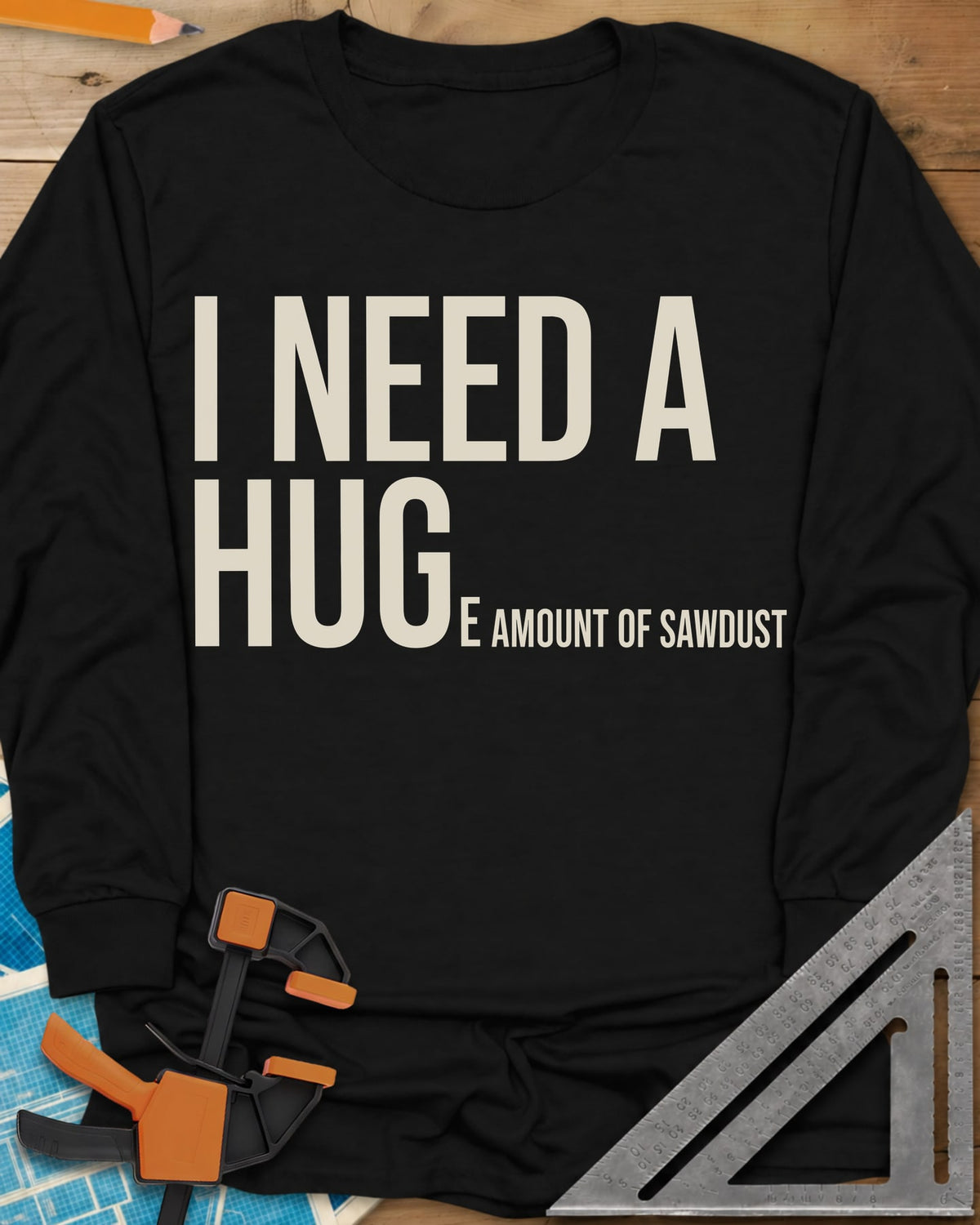 Need Sawdust long sleeve shirt in Black, tall condensed type that shrinks partway through a word