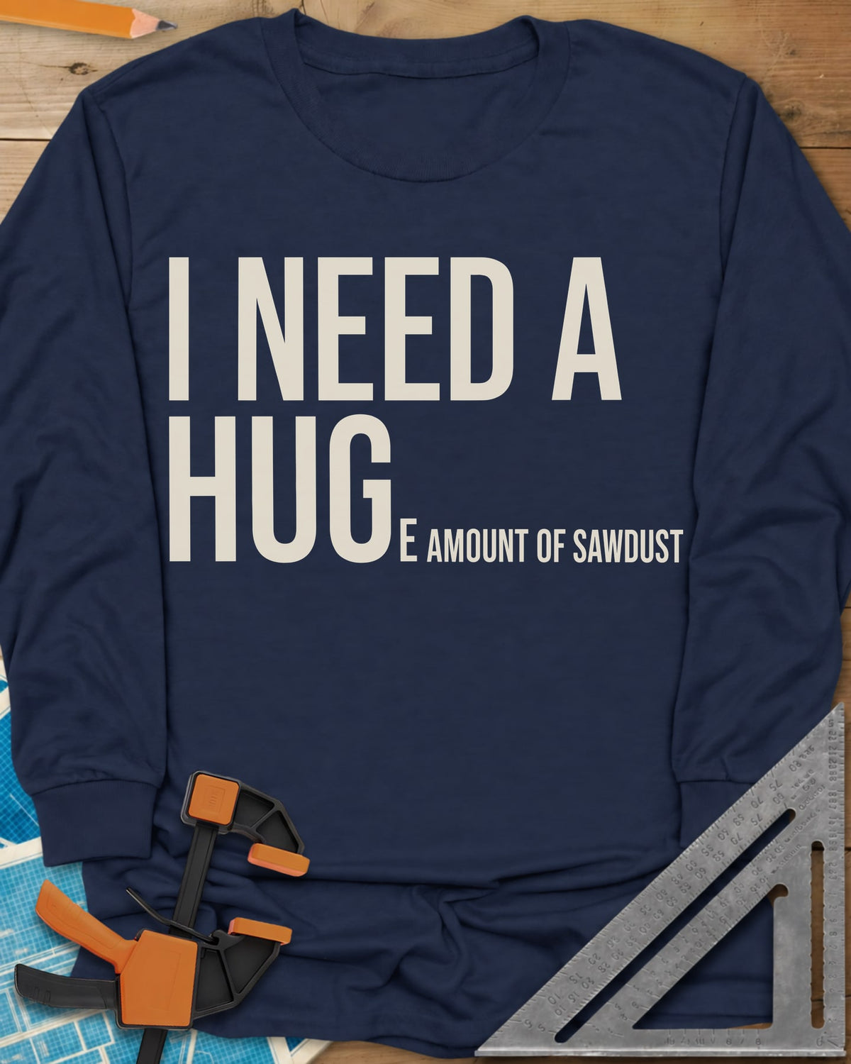 Need Sawdust long sleeve shirt in Navy, tall condensed type that shrinks partway through a word