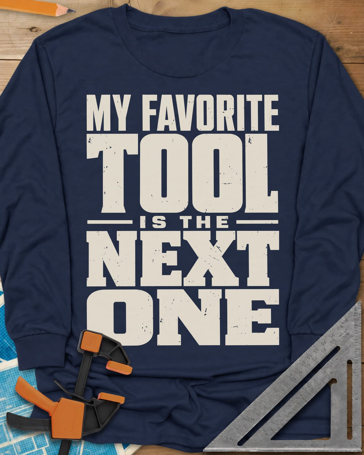 Next Tool long sleeve shirt in Navy, stacked block letters with TOOL and NEXT ONE blown up large