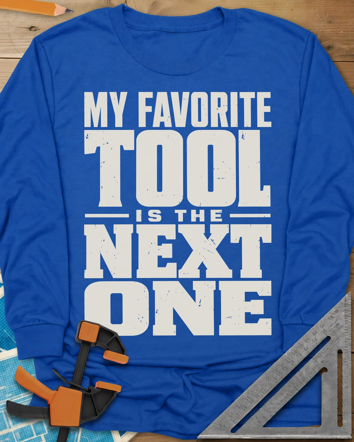 Next Tool long sleeve shirt in Royal, stacked block letters with TOOL and NEXT ONE blown up large