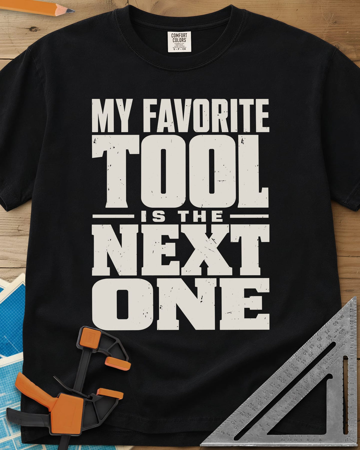 Next Tool heavyweight tee in Black, stacked block letters with TOOL and NEXT ONE blown up large