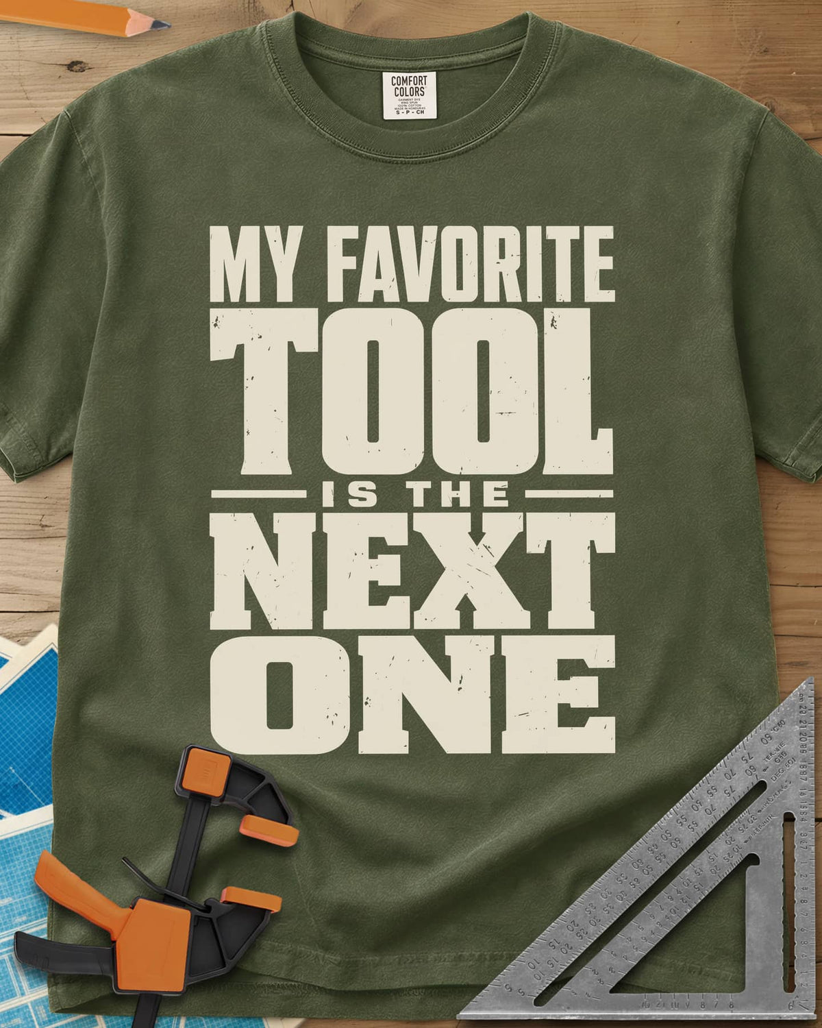 Next Tool heavyweight tee in Hemp, stacked block letters with TOOL and NEXT ONE blown up large