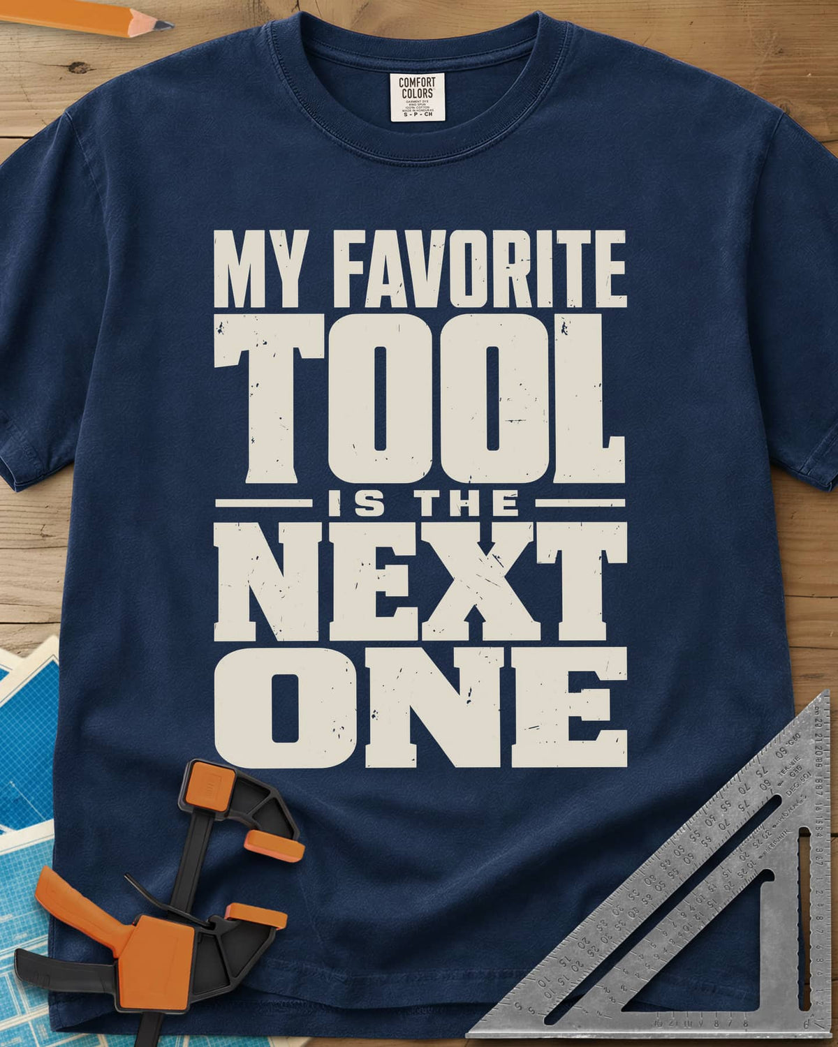 Next Tool heavyweight tee in Navy, stacked block letters with TOOL and NEXT ONE blown up large