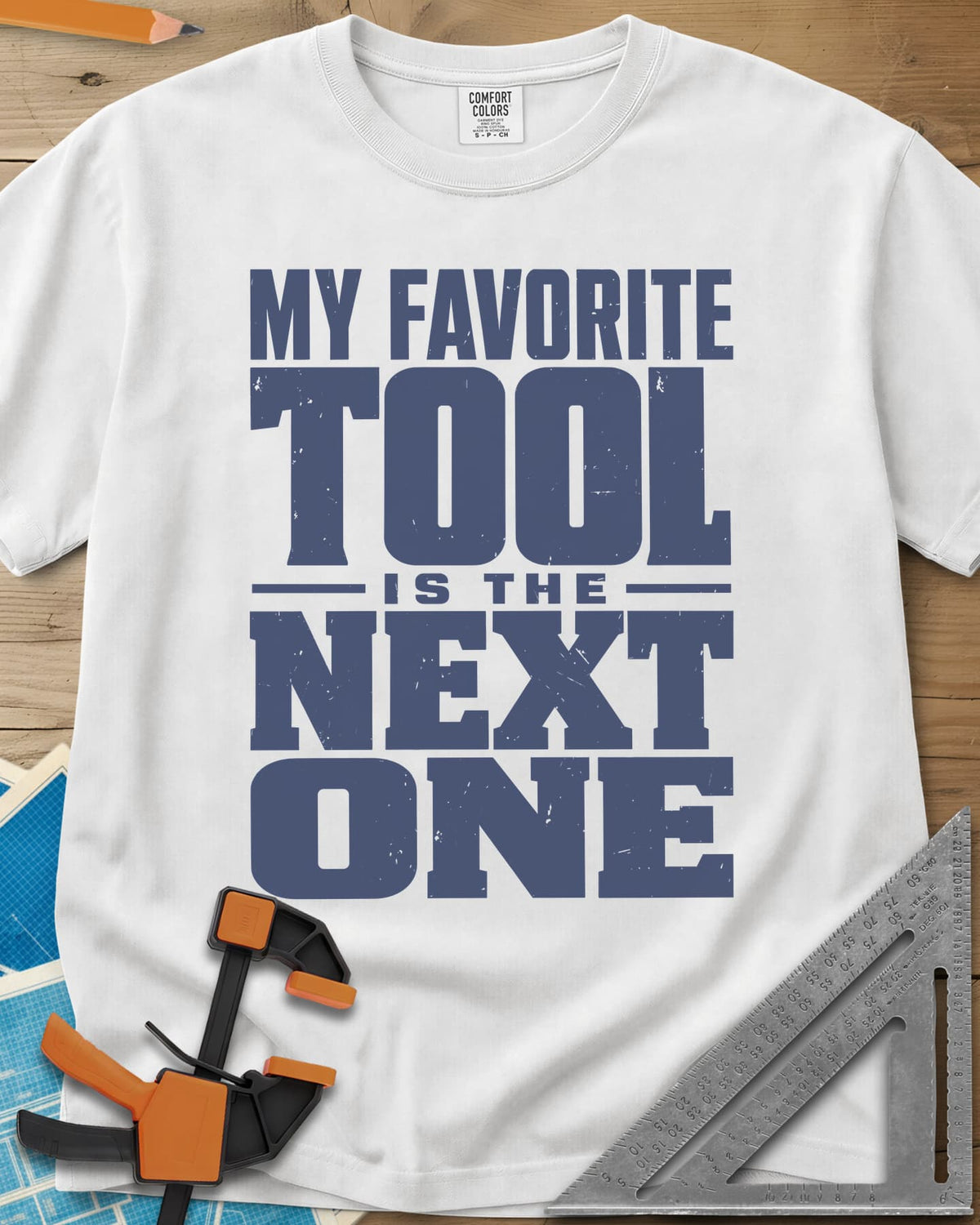 Next Tool heavyweight tee in White, stacked block letters with TOOL and NEXT ONE blown up large