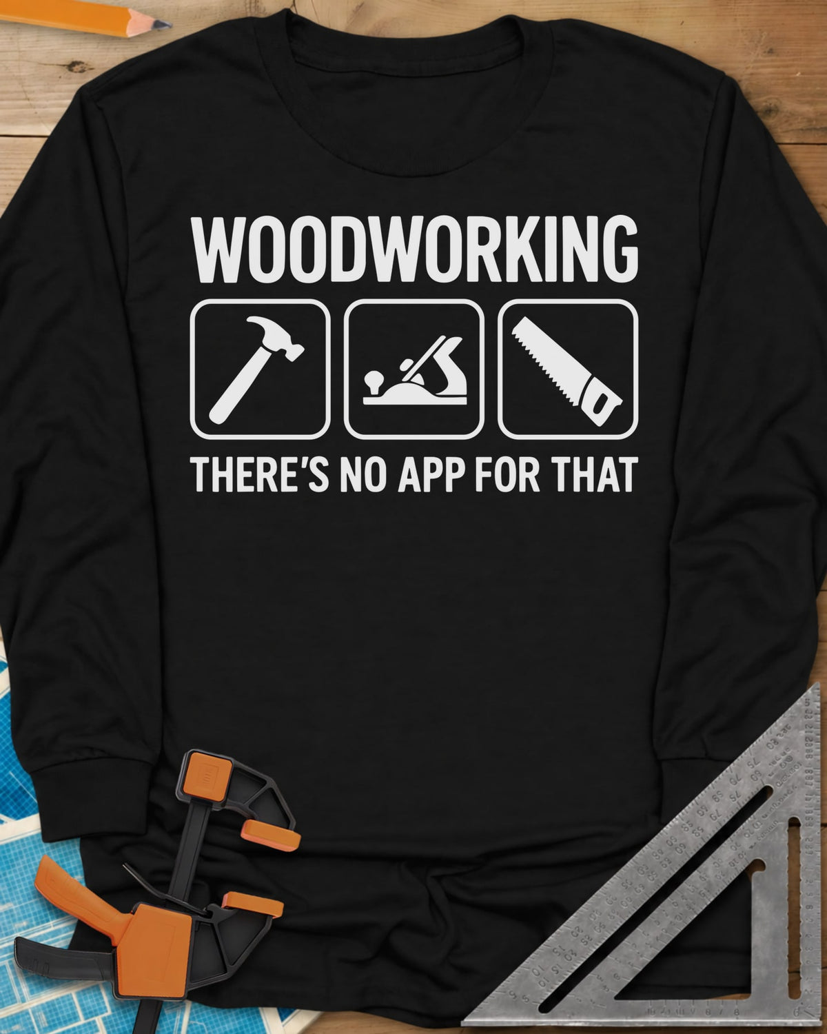 No App For That long sleeve shirt in Black, a hammer, hand plane and hand saw in three rounded-square icons