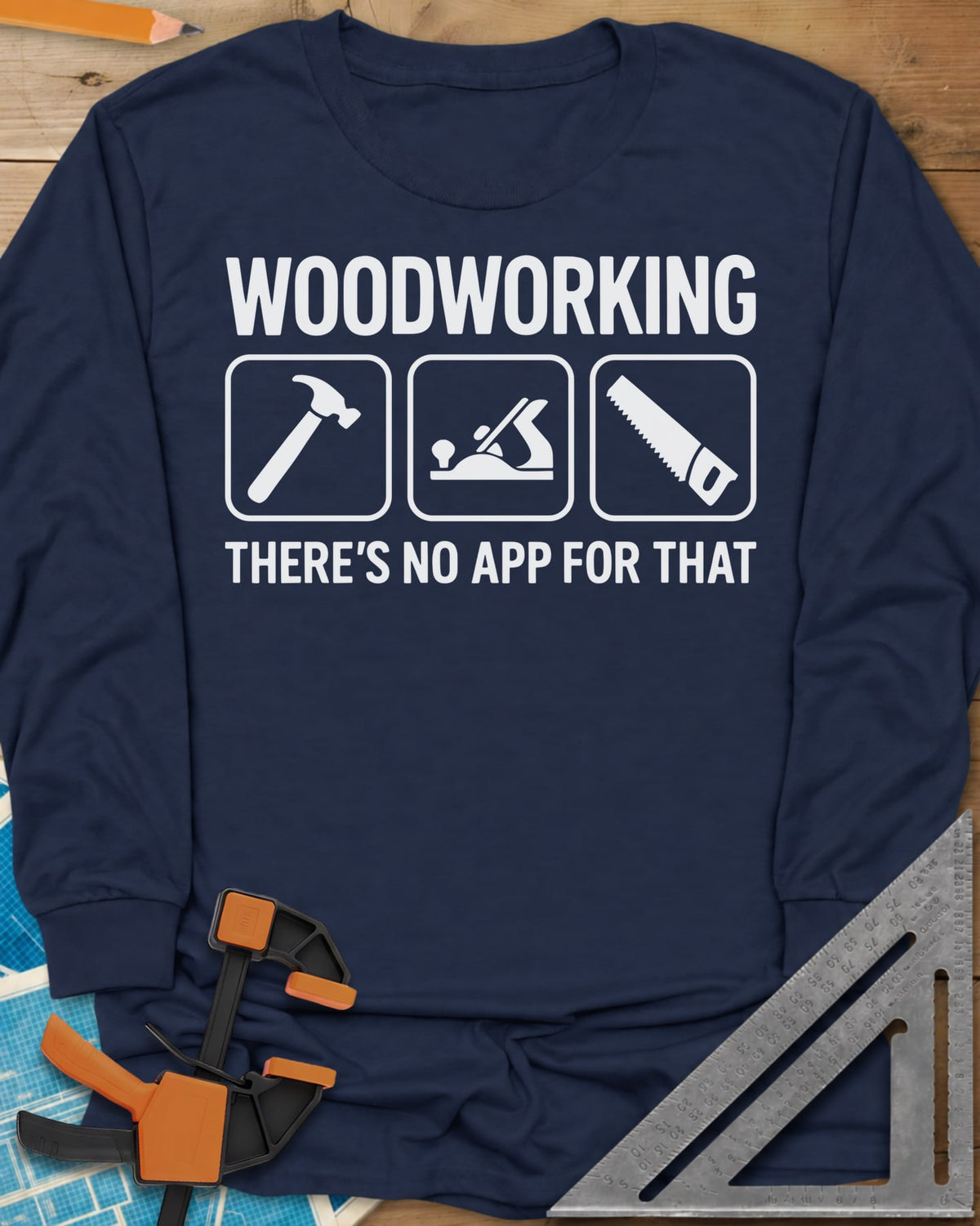No App For That long sleeve shirt in Navy, a hammer, hand plane and hand saw in three rounded-square icons