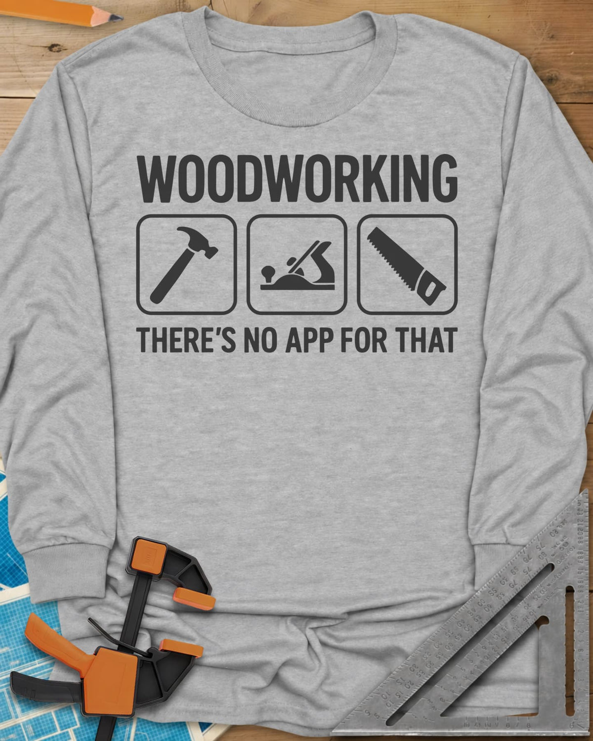 No App For That long sleeve shirt in Sport Grey, a hammer, hand plane and hand saw in three rounded-square icons