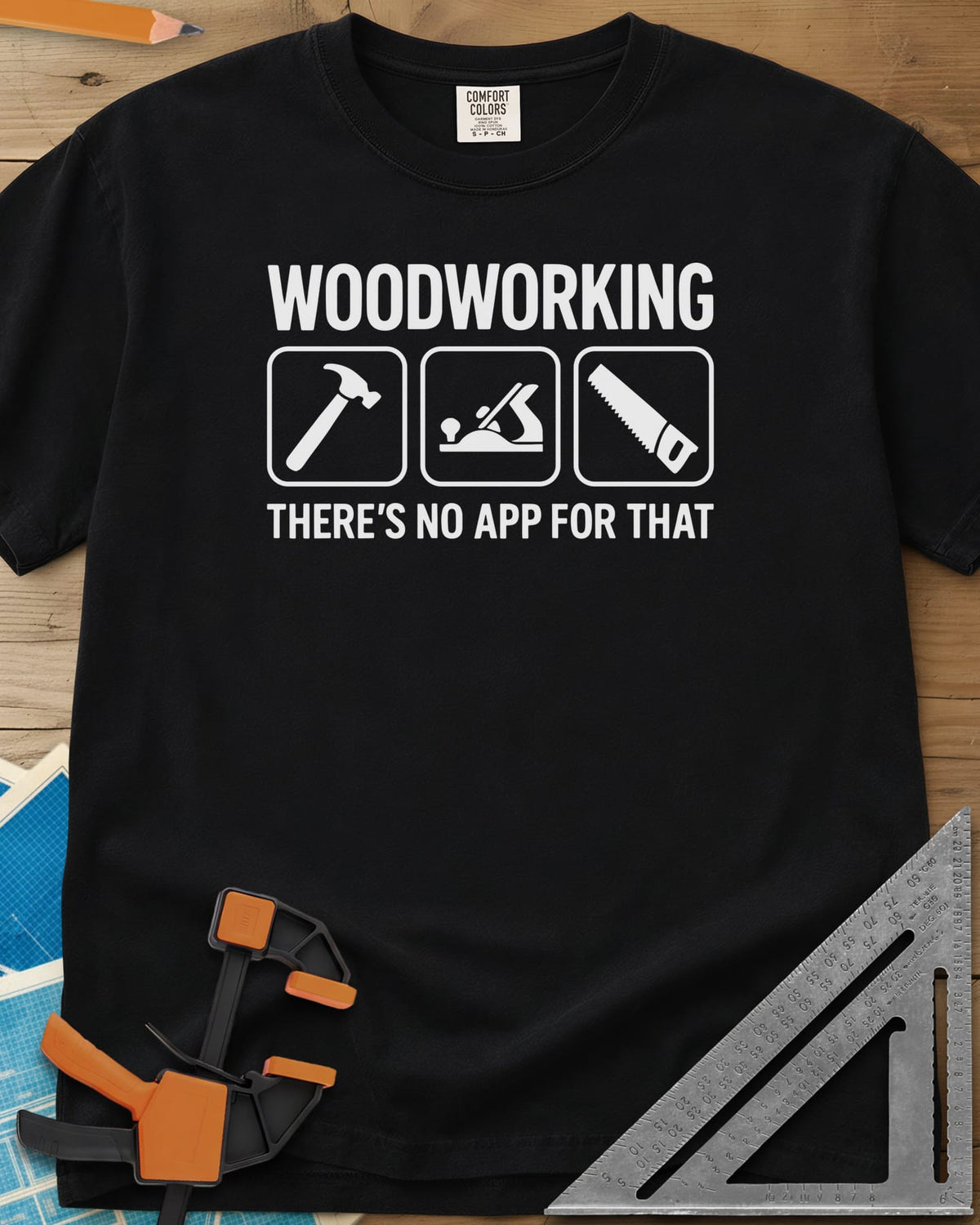 No App For That heavyweight tee in Black, a hammer, hand plane and hand saw in three rounded-square icons
