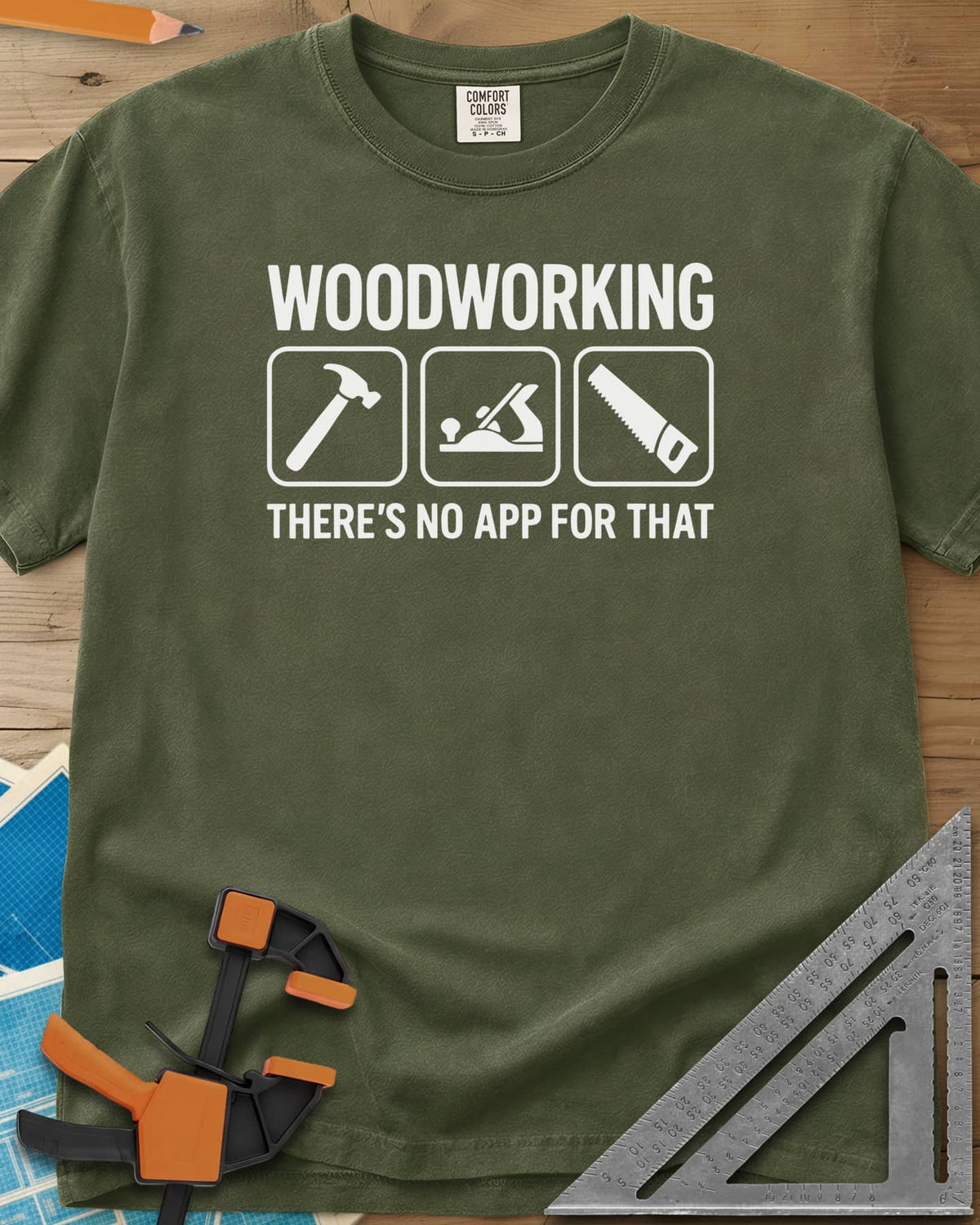 No App For That heavyweight tee in Hemp, a hammer, hand plane and hand saw in three rounded-square icons