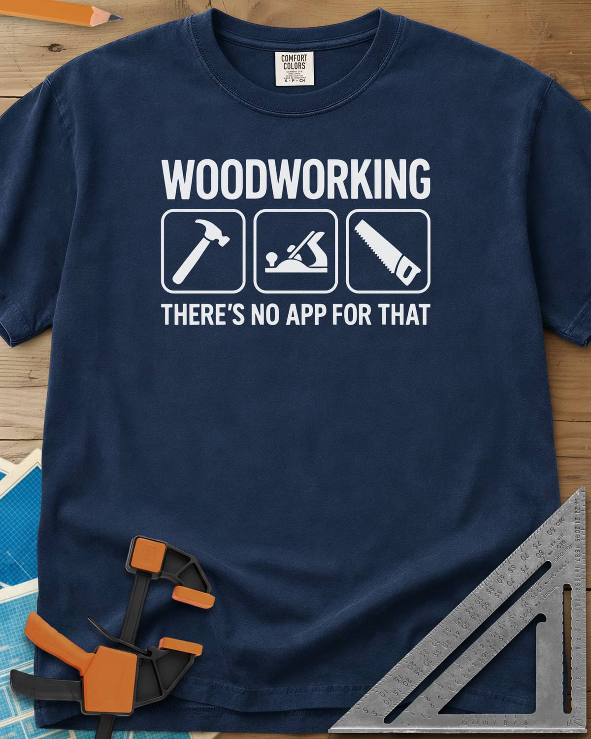 No App For That heavyweight tee in Navy, a hammer, hand plane and hand saw in three rounded-square icons