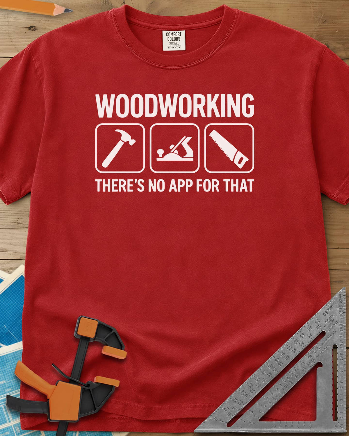 No App For That heavyweight tee in Red, a hammer, hand plane and hand saw in three rounded-square icons