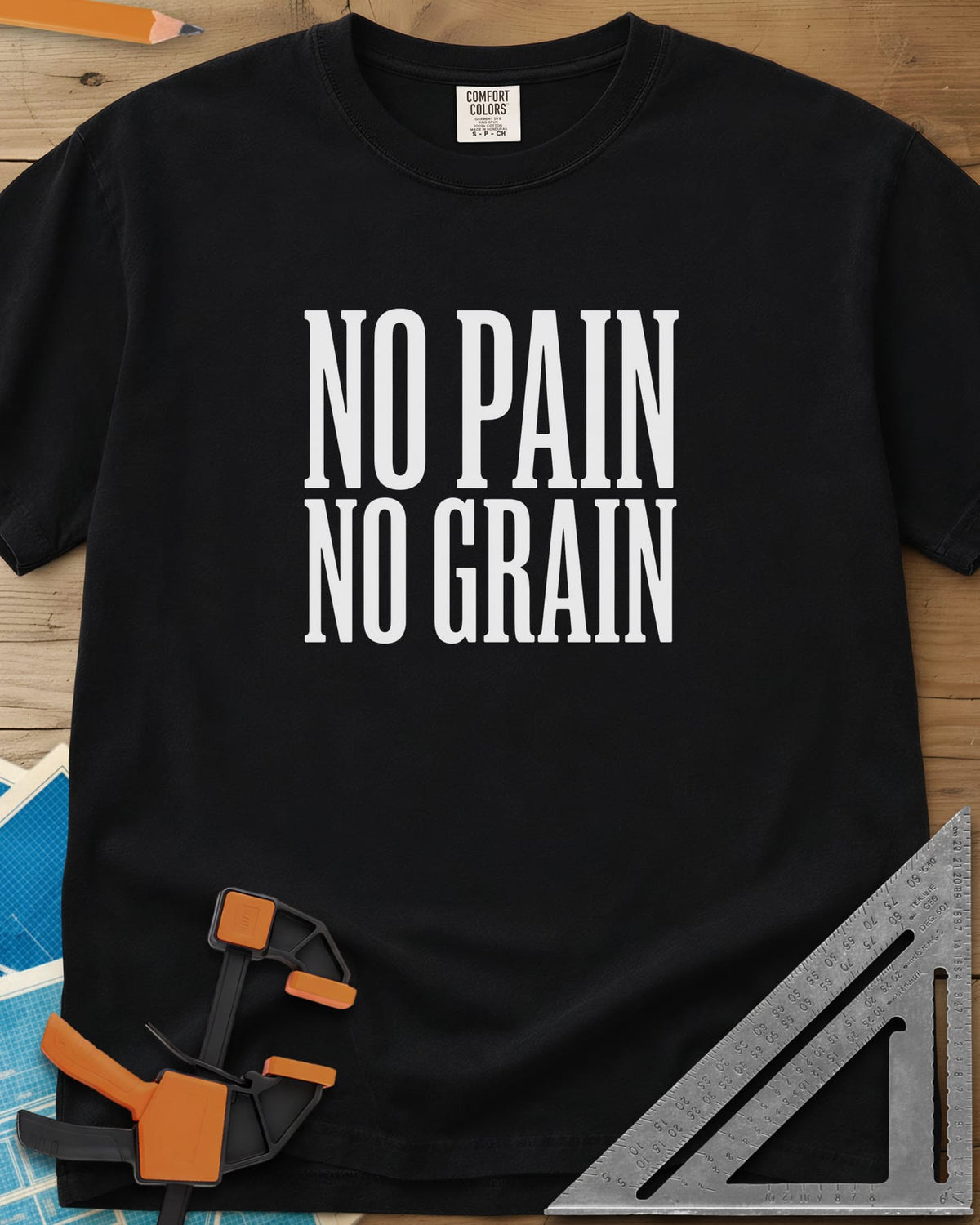 No Pain, No Grain heavyweight tee in Black, two stacked lines of tall condensed white capitals, no graphic